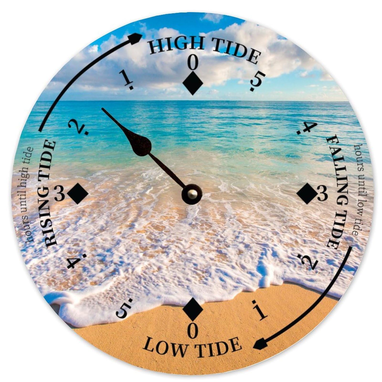 Guangpat Wooden Wall Tide Clock Beach Ocean Time Coastal Clock Moon Tidal Prediction Clock with High And Low Tide Nautical Tide Movement Clock for Beach House Deck Ship Summer Decoration 15 Inch