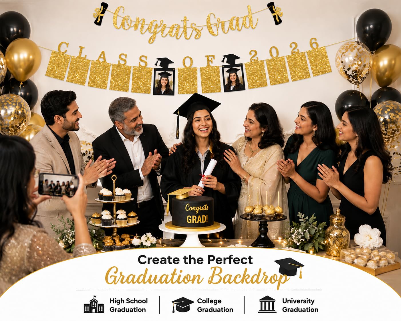 Festiko 2020 Graduation Decorations - Class of 2020 Photo Banner with Congrats Grad Gold Glitter Banner - High School College Graduation Party Supplies Banner 1