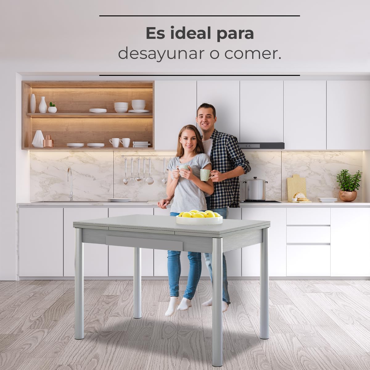 Astimesa - Mesa de Cocina Extensible - Estructura Aluminio Tapa Laminado - Color Gris - Ideal para Espacios Pequeños - Medidas: 90 x 50 cm - Extensible: 140 x 50 cm