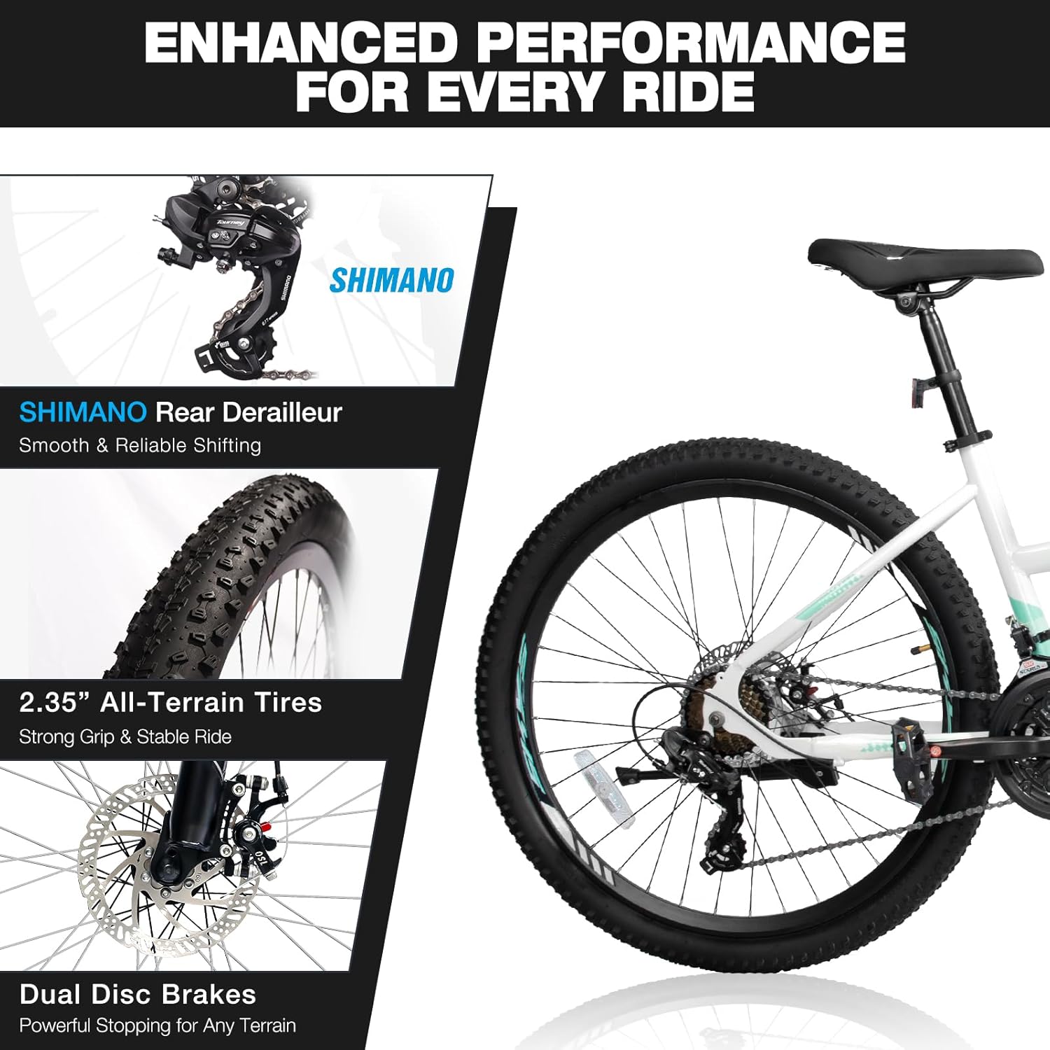 Convend 26 Inch Mountain Bike for Adults & Teens, 21-Speed Pro Gear with Twist Shifter, Dual Disc Brakes & Front Suspension Fork, All-Terrain Tires, White