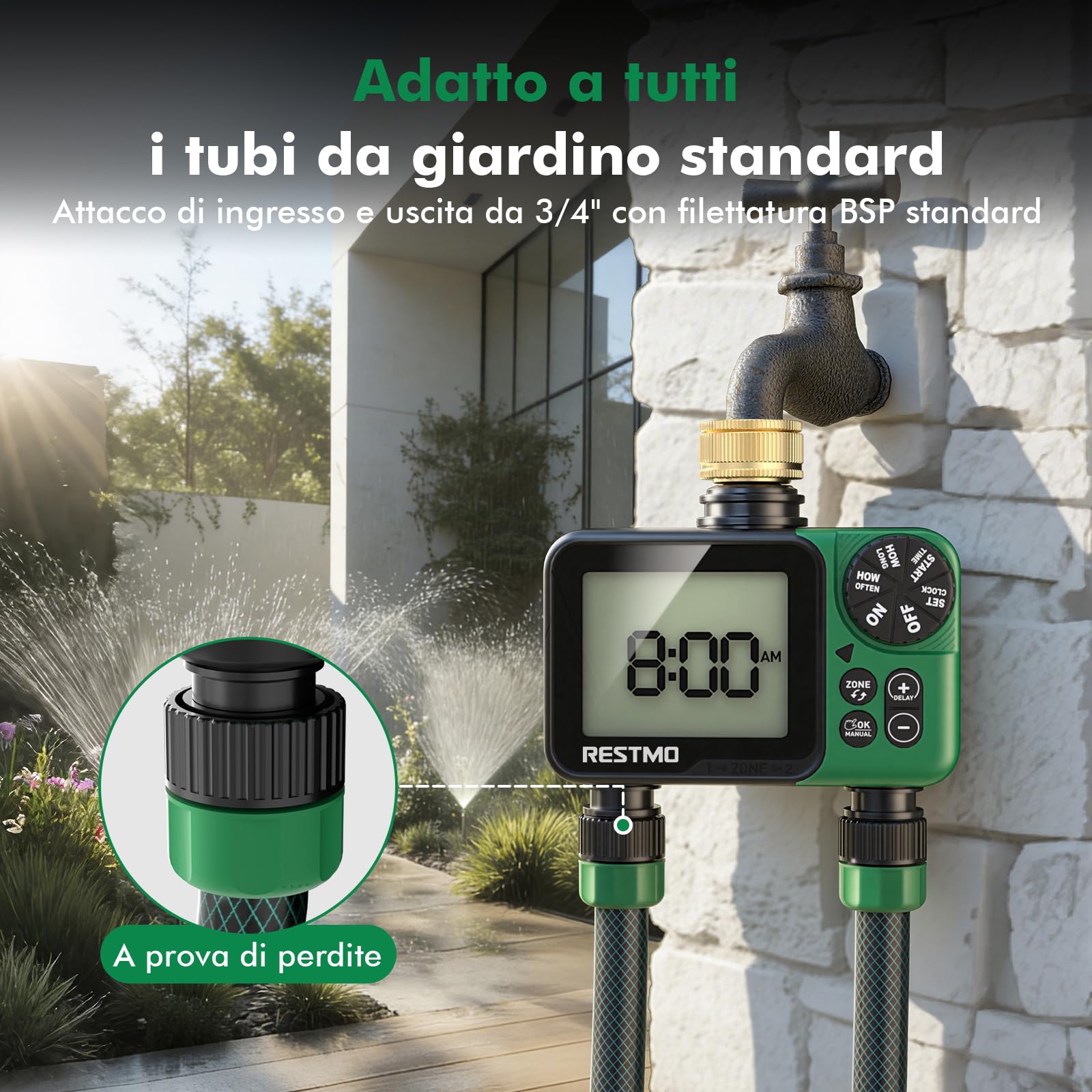 RESTMO Computer di Irrigazione 2 Zona, Timer Irrigazione con Display Grande | Automatico/Manuale/Ritardo Pioggia (12/24/48/72H), Timer per Tubo da Giardino, Rubinetto Esterno