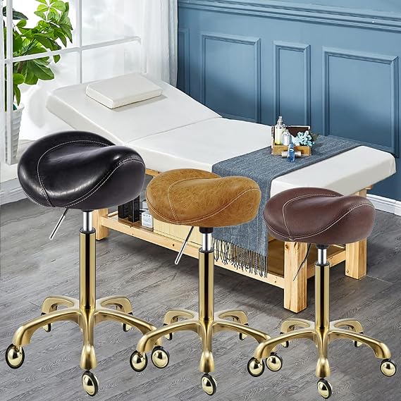 Swivel Saddle Stools Office Work Beauty Salons Rolling Chairs with PU Seat and Stainless Steel Wheels, Height Adjustable 45-60 cm(Color:Black)