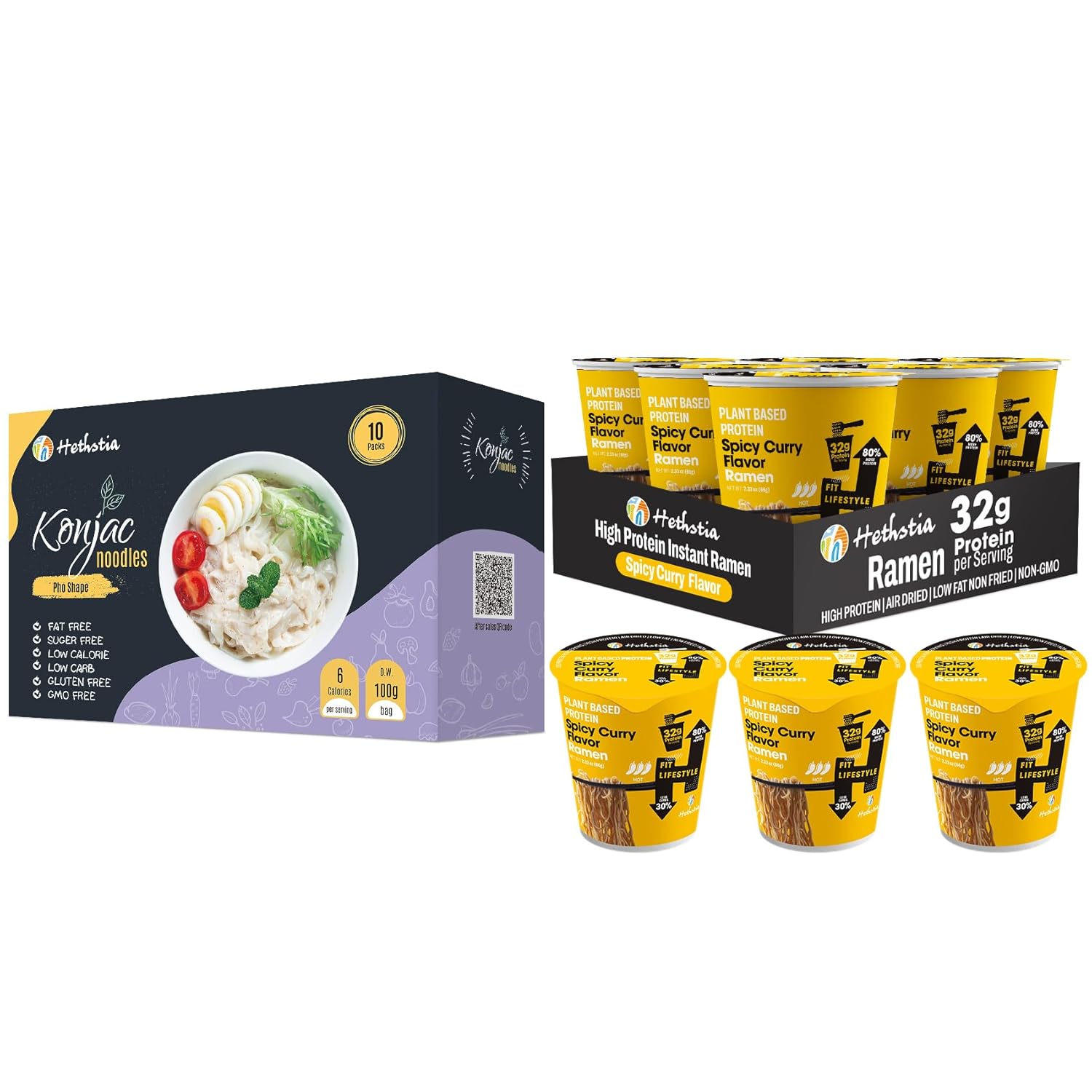 Hethstia Pho Konjac Noodle & Spicy Curry High Protein Ramen Cup – Vegan Ready-to-Eat Pho + 32g Plant Protein – 10 Pho Packs + 6 Ramen Cups