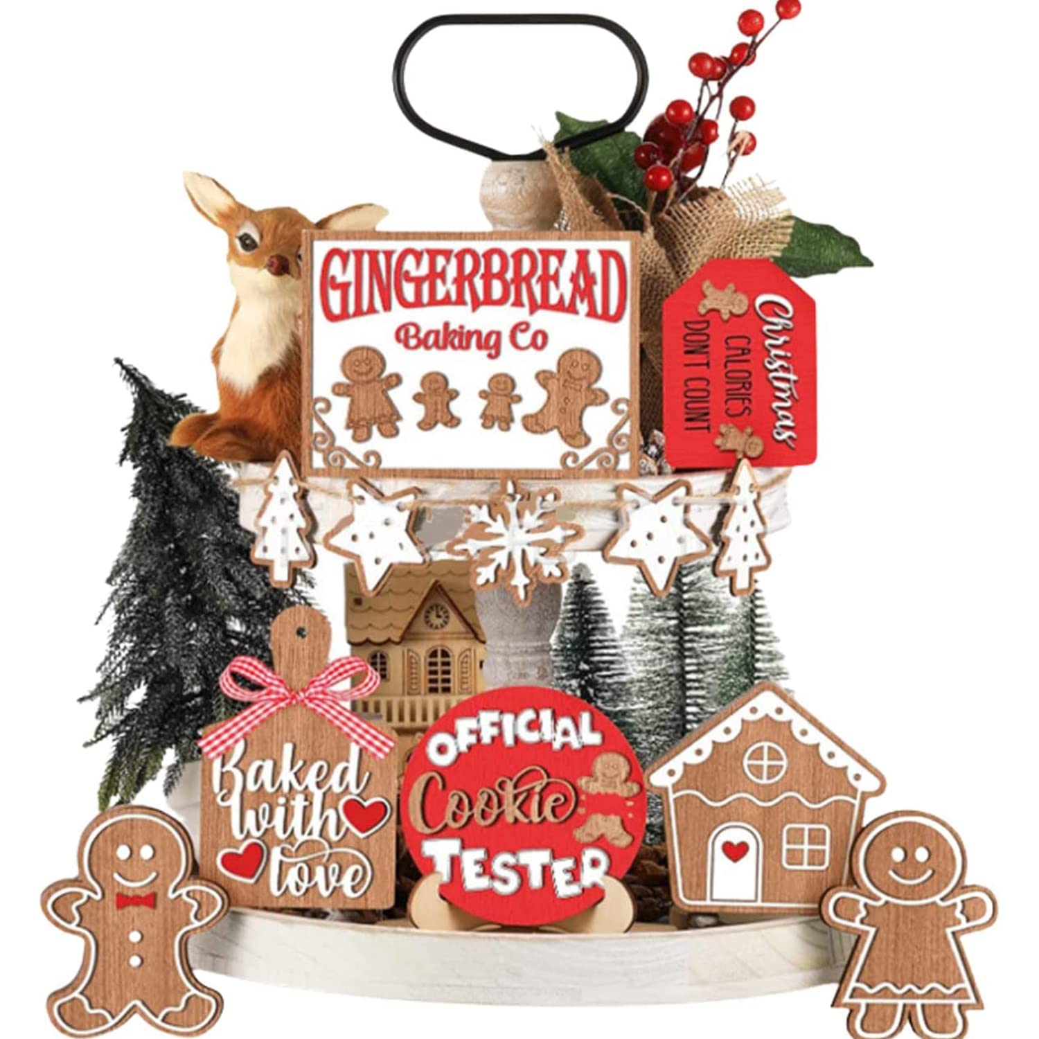 12Pcs Christmas Tiered Tray Decorations Set, Wooden Sign Xmas Tabletop Farmhouse Xmas Signs Rustic Tiered Tray Gingerbread Decor for Winter Home Office Party