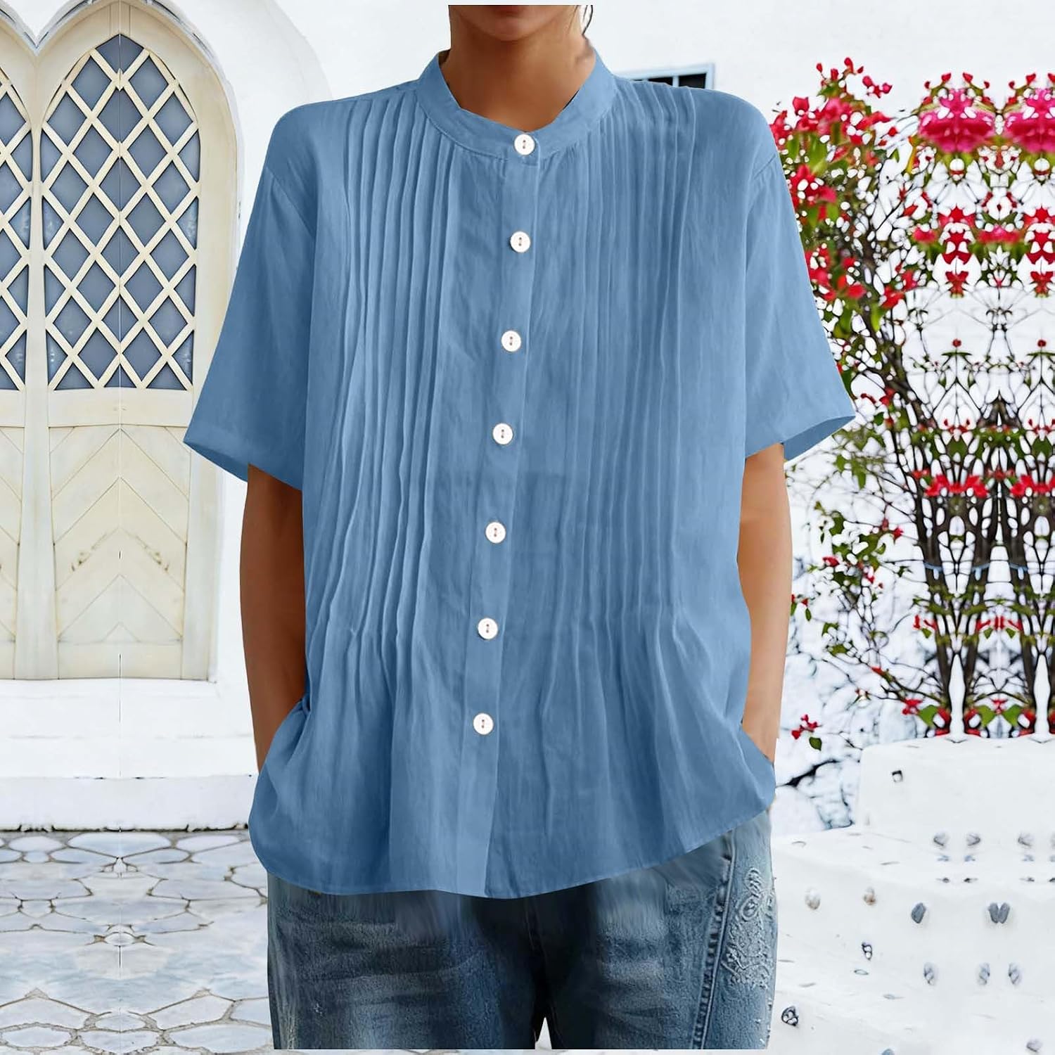 Short Sleeve Shirts for Women Casual Cotton Linen Shirt Loose Fit Pleated Front Tops Summer Button Down Blouses