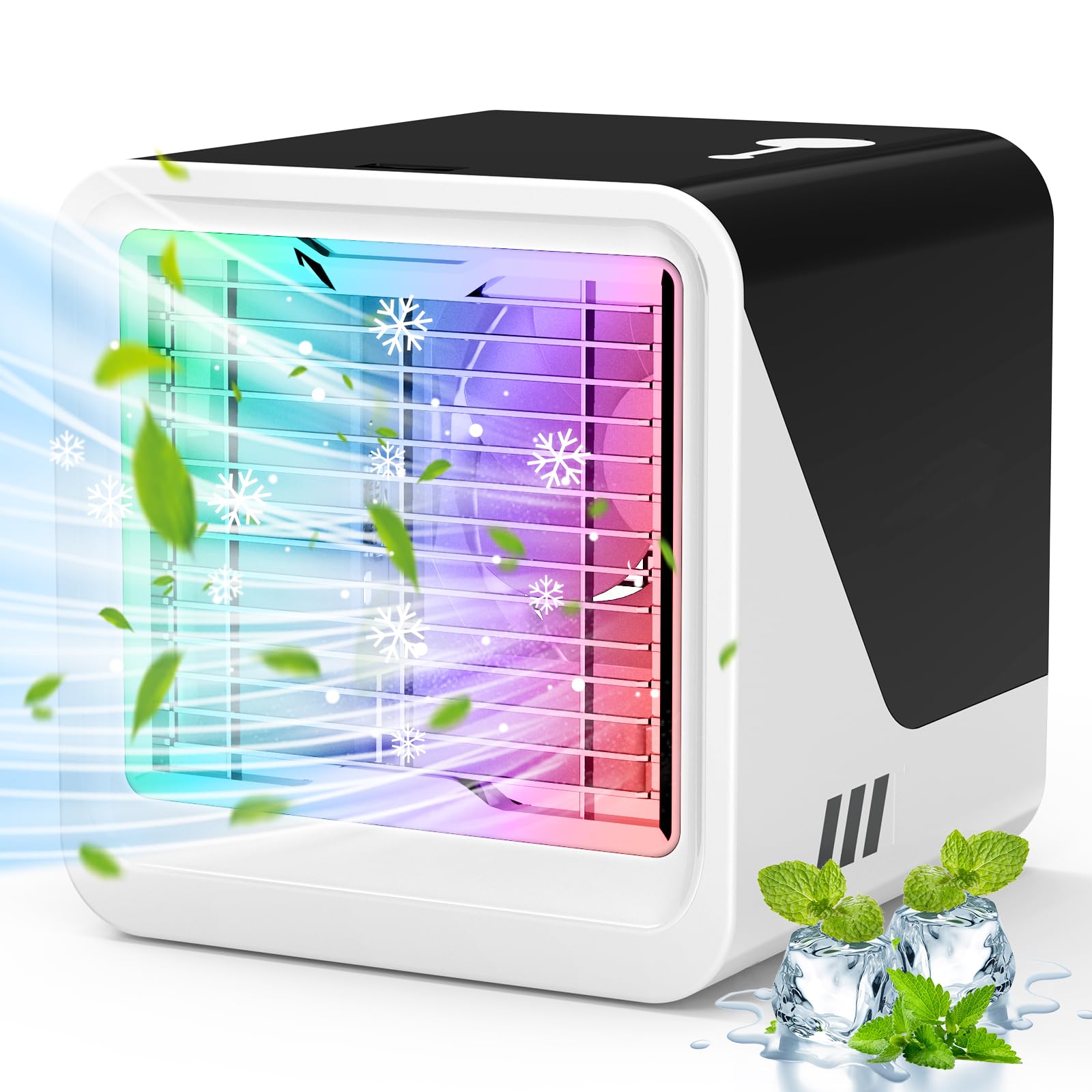 Powerful Cold Winds Portable Air Conditioner Fan, 7 Kinds of Lights Evaporative Air Cooler With 3 Wind Speed And 500ml, Air Cooler for Office, Bedroom, Car And Home