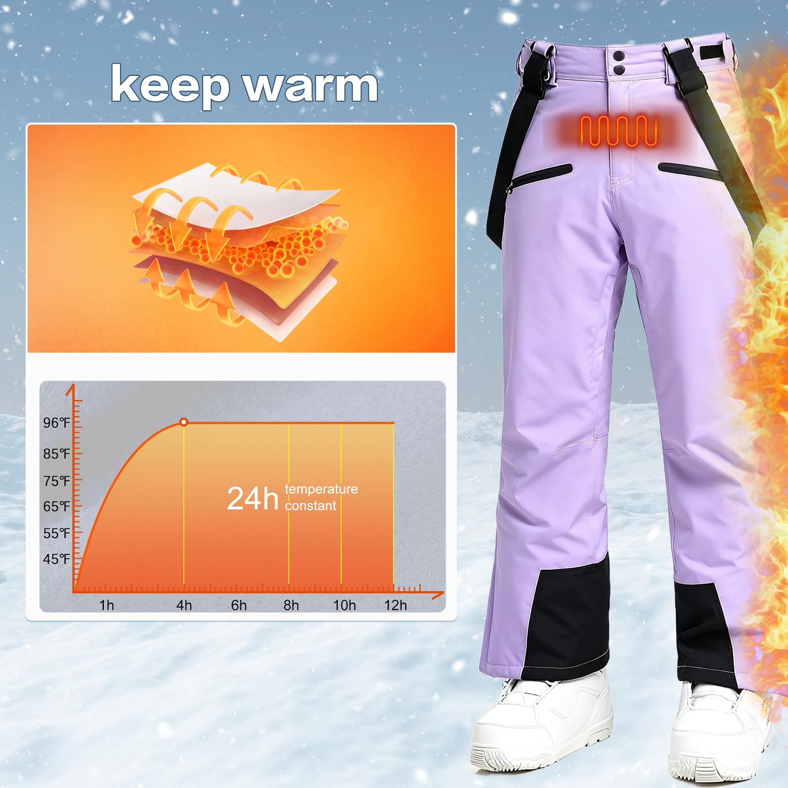 HOUZONIY Pantalones de esquí para mujer, pantalones térmicos de snowboard, pantalones de exterior para mujer, cintura ajustable, con tirantes extraíbles, ropa de esquí