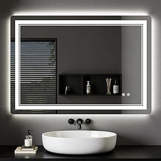 Badspiegel mit Beleuchtung 80x60 cm, Badezimmer Beleuchteter Wandspiegel mit Led 3 Farben, Stufenlos Dimmbar, Badezimmerspiegel Beleuchtet mit Entschlagfunktion, Touch-Schalter Spiegel Bad