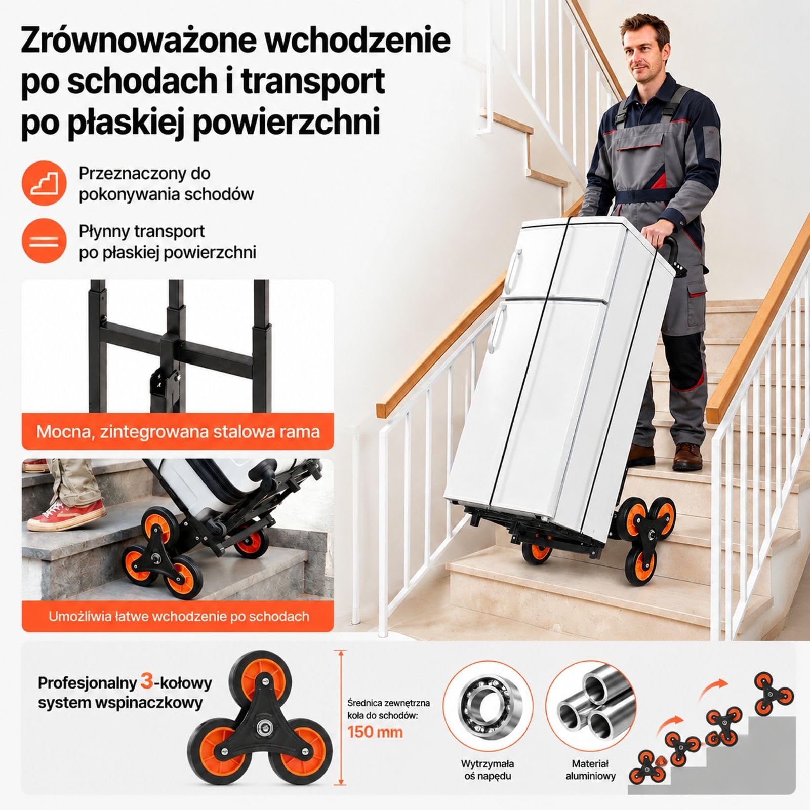 Składany wózek schodowy z teleskopową rączką, rama ze stali węglowej, 6 kółek, 2 pasy napinające, udźwig 100 kg, do domu, na zakupy i do przechowywania