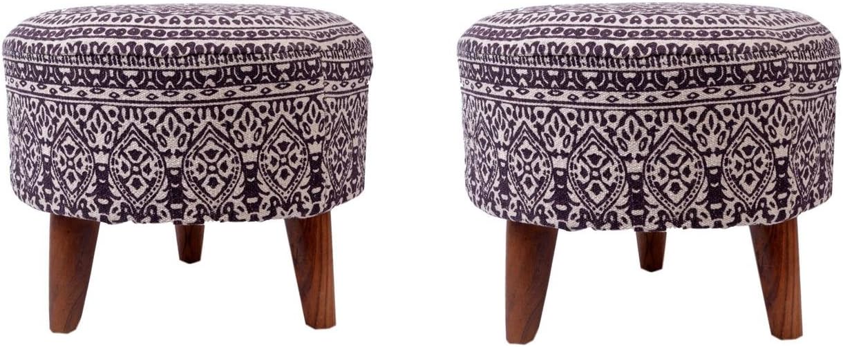 Tanissh Polished Printed Wooden Cotton Ottoman (Brown, 16"x16-inch) - Set of 2