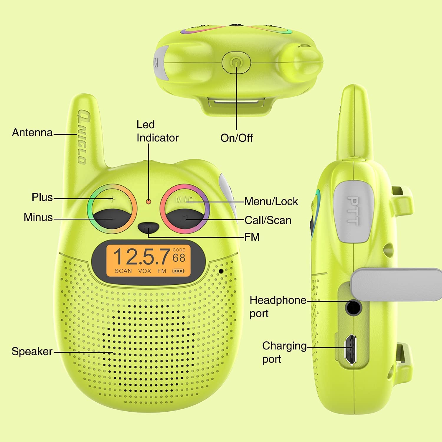 QNIGLO Walkie Talkie Recargable Niños, Se Puede Usar en Muñeca 3 Kilómetros de Largo Alcance 10 Tonos de Llamada Niños o Niñas de 3 a12 Años Regalos de Cumpleaños, para Aventuras Montar en Bicicleta