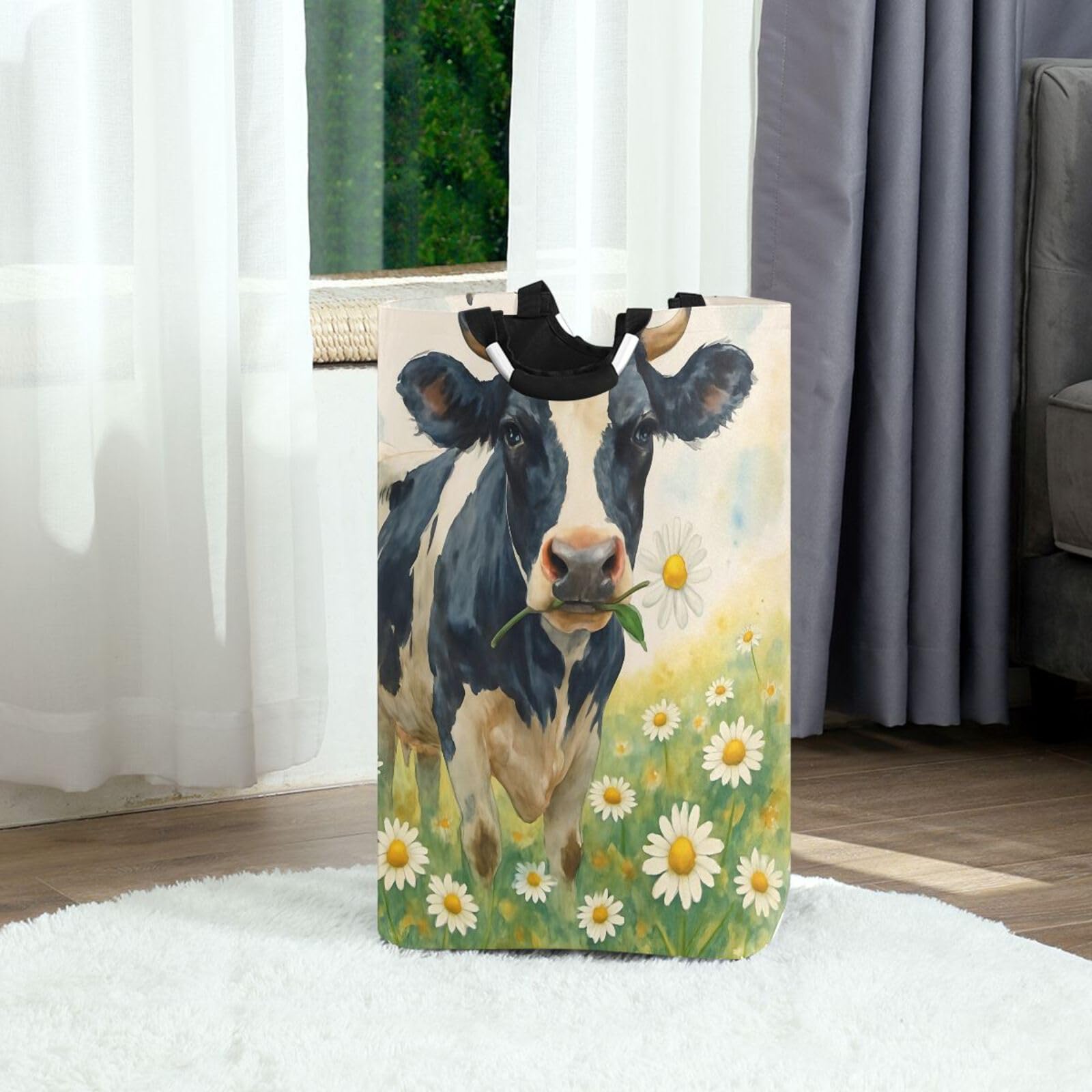 Jihqo Laundry Hamper Basket Daisy Flower Cow Collapsible Nursery Storage Bin Waterproof Clothing Baskets for Home Bedroom Bathroom Washing Room