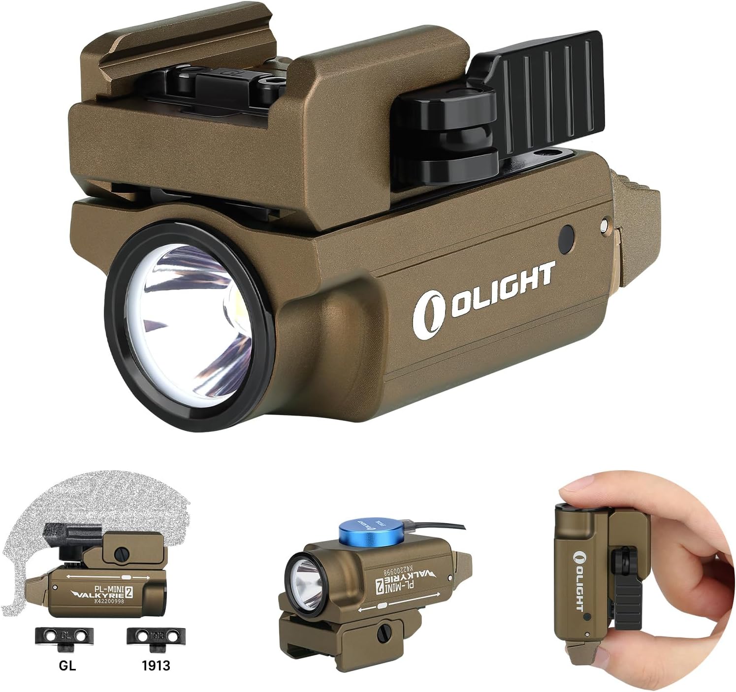 OLIGHT PL-Mini 2 Valkyrie 600 Lumens Magnetic USB Rechargeable Compact Hunting Gear with Adjustable Rail, High Performance CW LED Flashlight with Built-in Battery Light Desert Tan