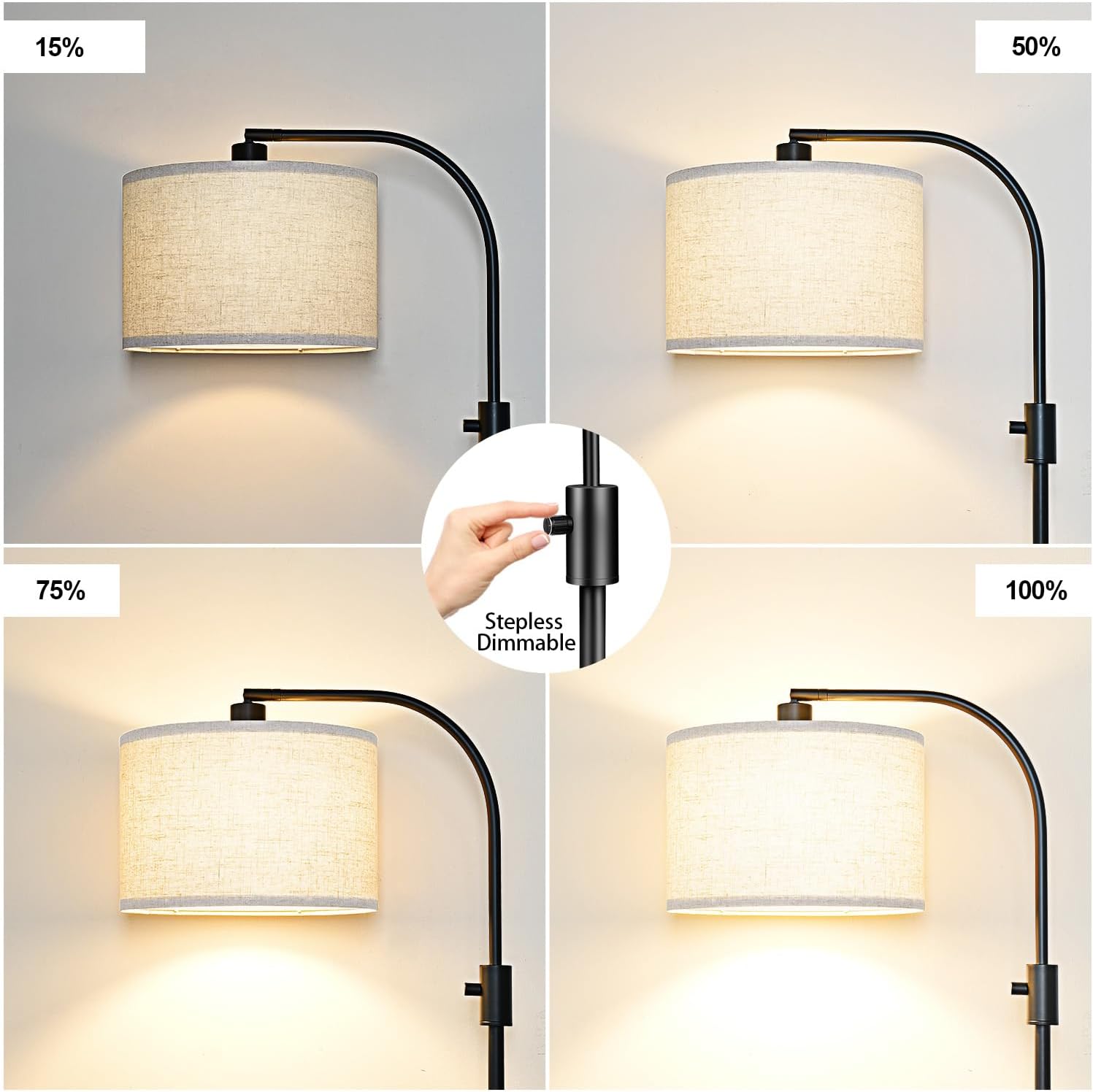 [Upgraded] Dimmable Black Floor Lamp, 1200 Lumens LED Edison Bulb Included, Arc Floor Lamp for Living Room Modern Standing Tall Floor Lamps with Linen Shade for Bedroom Office Reading Room Nursery