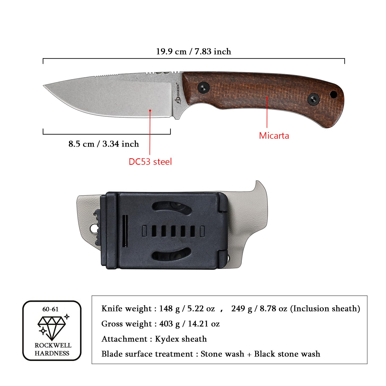 SDOKEDC Knives DC53 Steel Tactical Hunting Fixed Blade Knife Micarta Handle with kydex sheath for Men EDC Outdoor Camping Survival (White stone wash+Micarta handle)