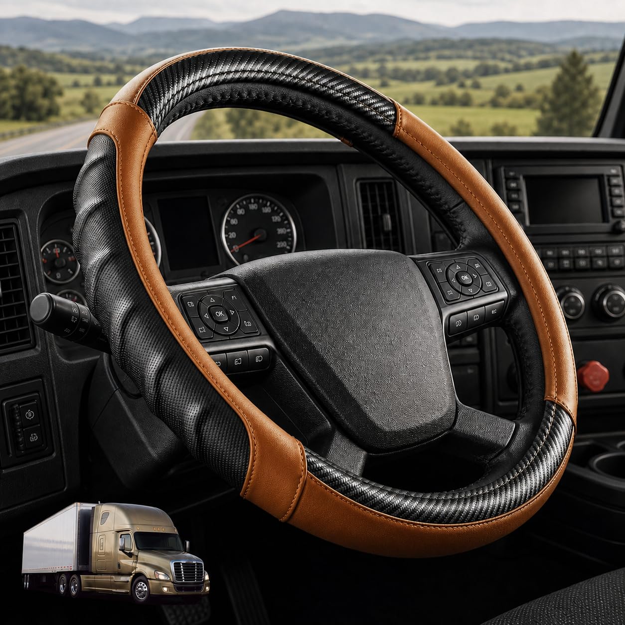 18 Inch Semi Truck Steering Wheel Cover for Freightliner Cascadia, Kenworth T680 T880, Peterbilt 579 &amp; Volvo VNL – Heavy Duty Anti-Slip Leather Grip for Big Rig Class 8 Trucks – Brown