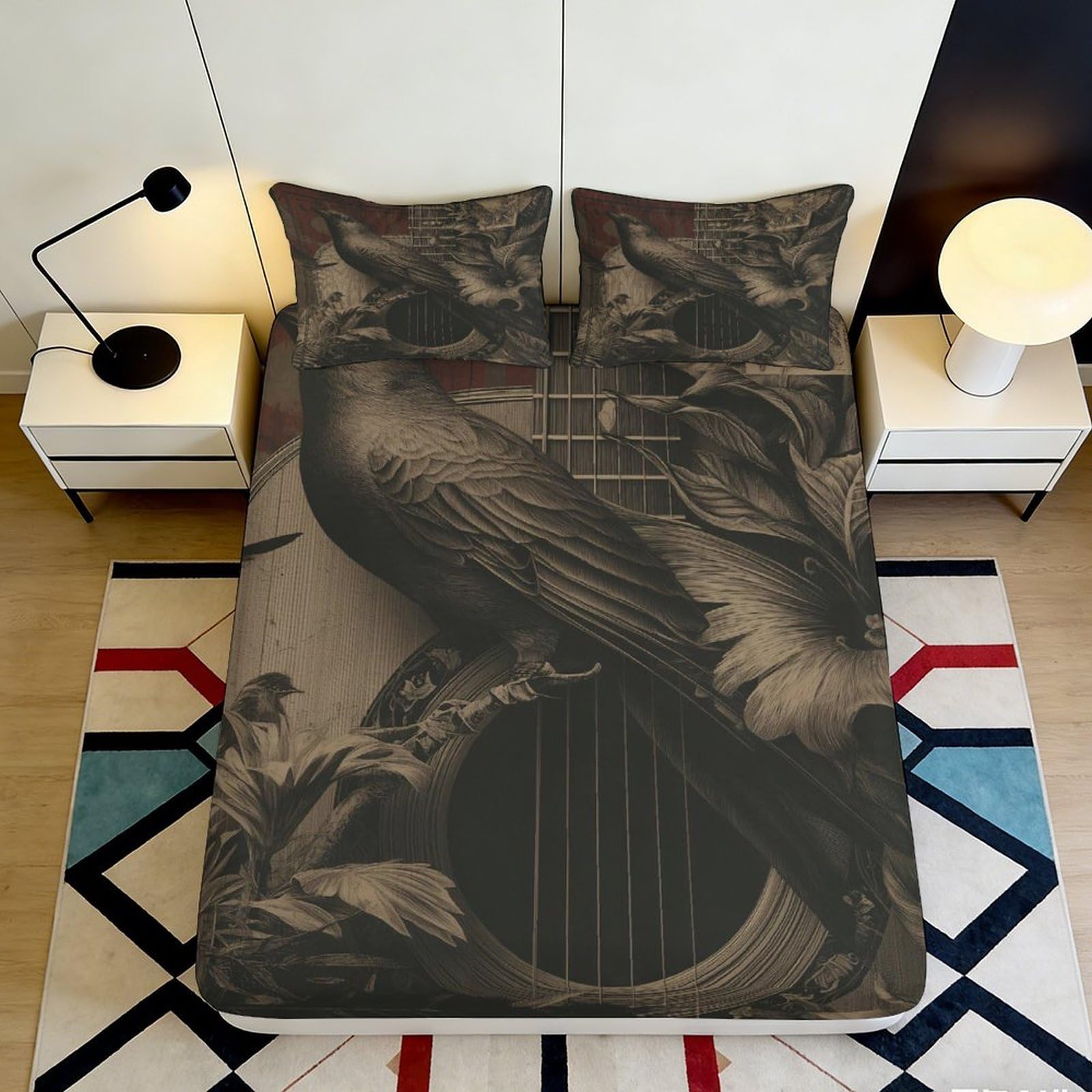 3D Printed Owl Art Fitted Sheet Microfiber Stylish Dark Forest Mattress Cover for Bedroom Guest Room Decor 90x200x25cm