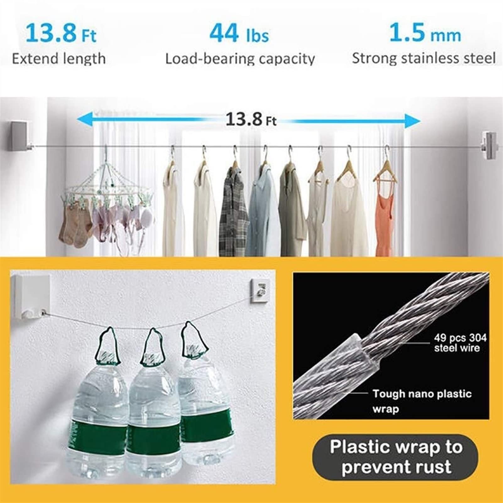 Suszarka do ubrań Ze stali nierdzewnej Odzieżowa Suszarka Wewnątrz Chowany Clothingline Liny Teleskopowe Sznurka Wieszaki do prania Suszenie Składany stojak do suszenia (Color : 2 Rope-Black)