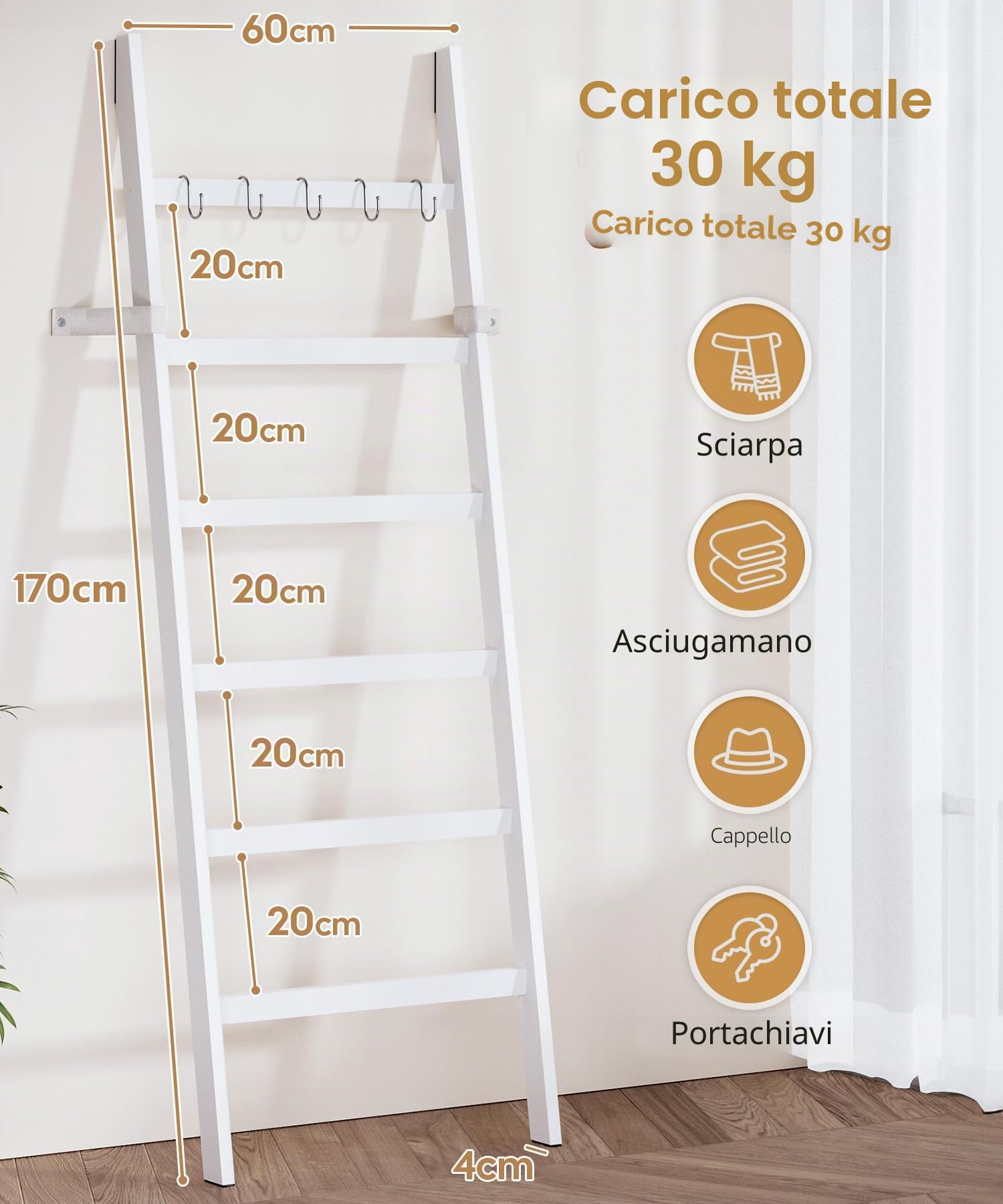 Yorbay Scala Portasciugamani in Bambù a 6 Pioli: Scala Porta Abiti con 2 Cinghie di Sicurezza e 5 Ganci - Portasciugamani Decorativa per Bagno Camera da Letto Piscina HxB 170 x 60 cm (Bianco)