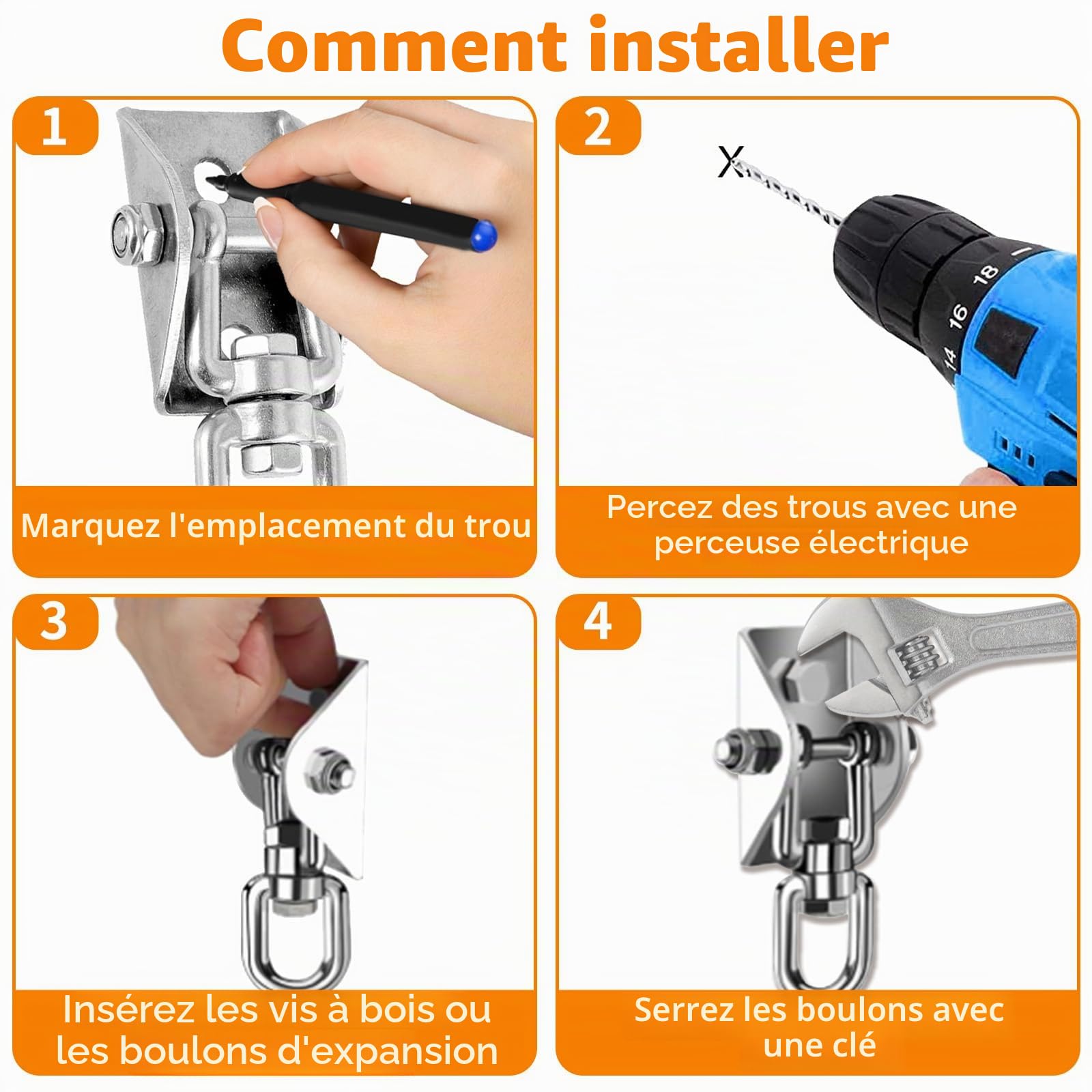 2 Pièces 360° Rotation Crochet Plafond Charge Lourde, Support Sac Frappe avec Vis Fixation, Crochet Suspension Acier Inoxydable pour Chaise Suspendue, Balançoire, Serviette Yoga (450kg Capacité)