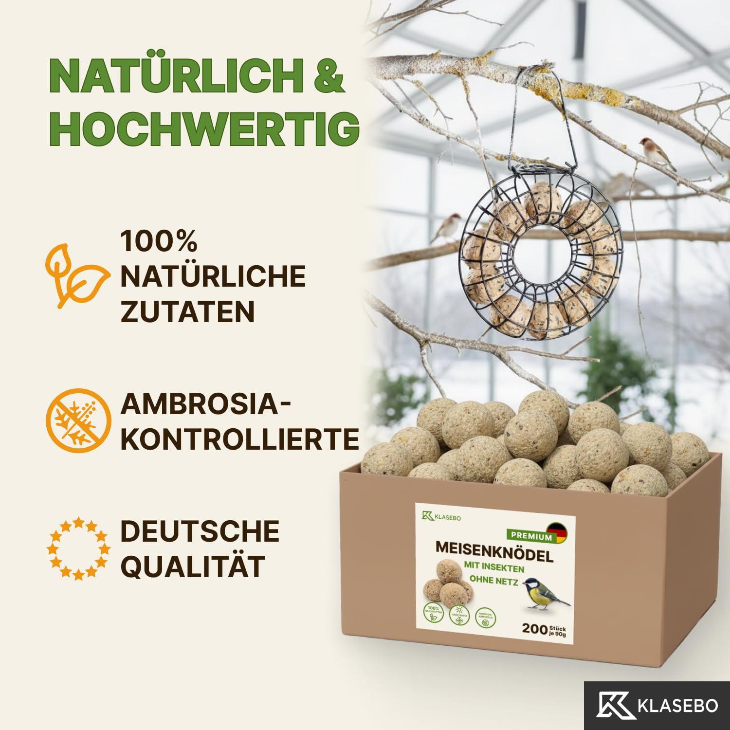 Premium Meisenknödel mit Insekten, 200 Stück (18kg) – Ganzjähriges Wildvogelfutter, Natürliche Zutaten, Ganzjährige Fütterung, Körnerfresser Delikatesse