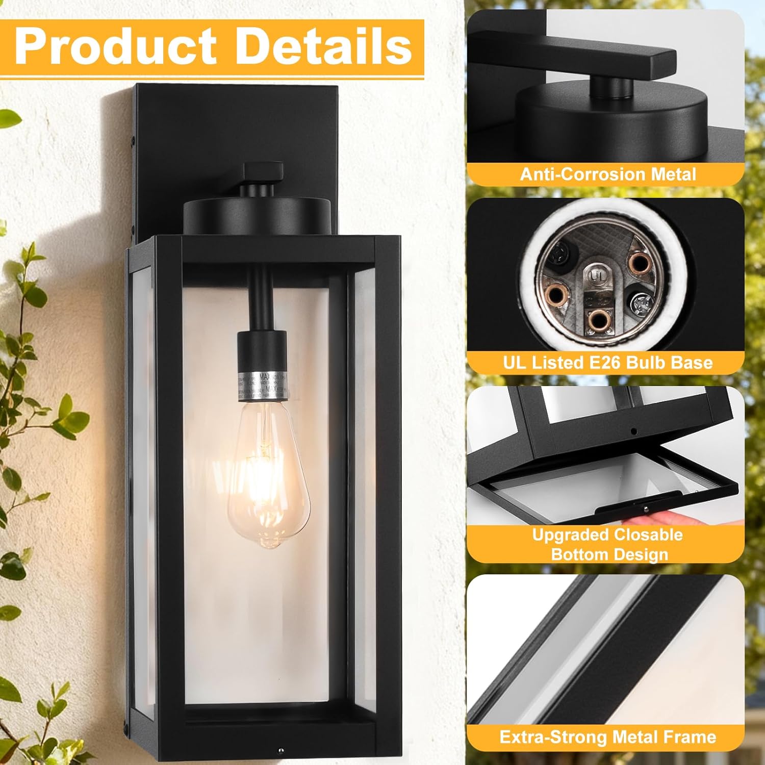 20" Large Outdoor Wall Lights with Closed Bottom - Black Outdoor Light Fixture Porch Lantern Wall Mounted, Waterproof Modern Exterior Wall Sconce Coach Lamp with Tempered Glass for House, E26, 2 Packs