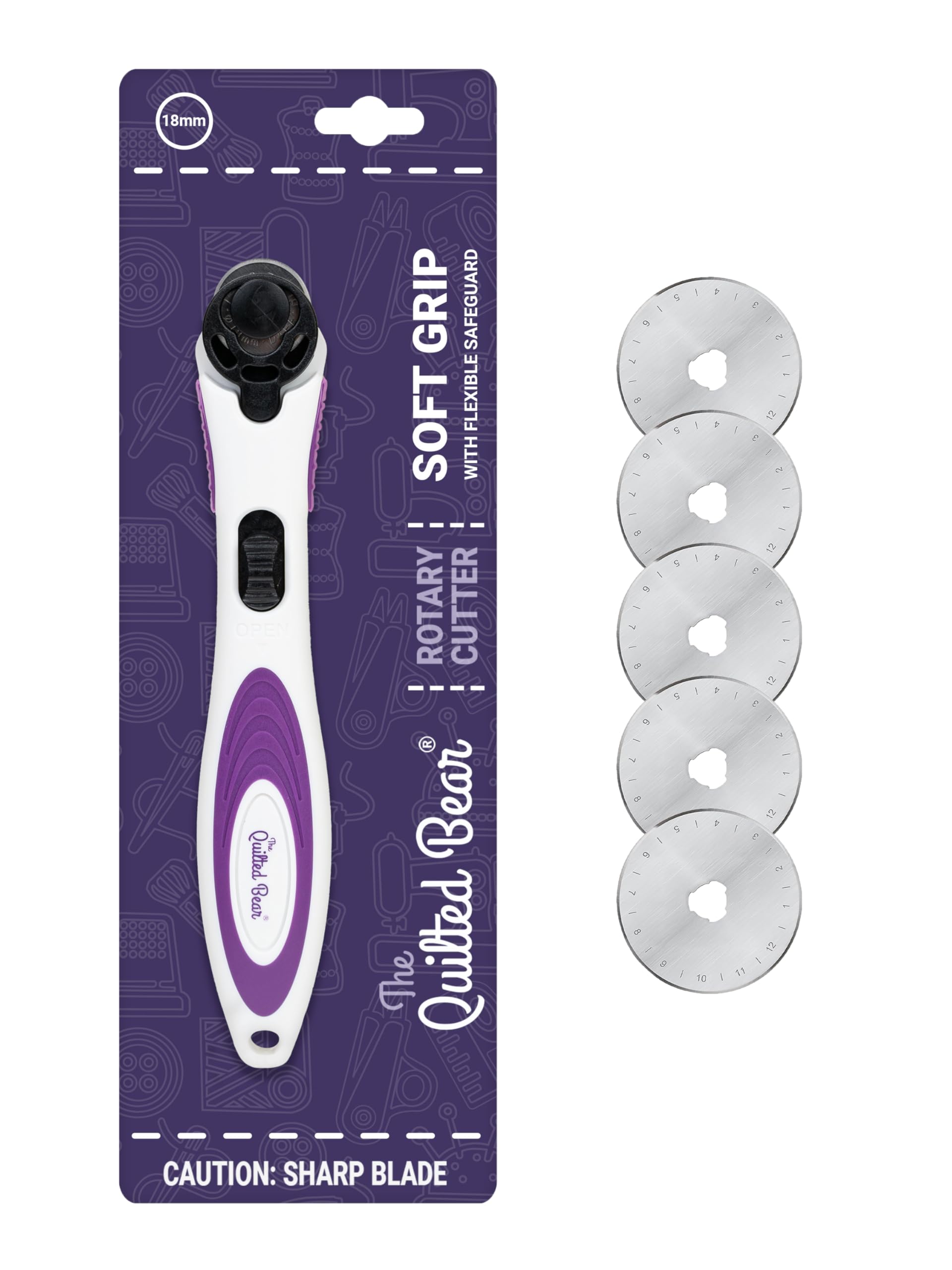 The Quilted Bear 18mm Rotary Cutter & Blades - Ergonomic Soft Grip Rotary Cutter for Fabric with 5 Sharp Cutting Blades & Easy Blade Replace System for Quilting & Sewing Supplies (18mm)