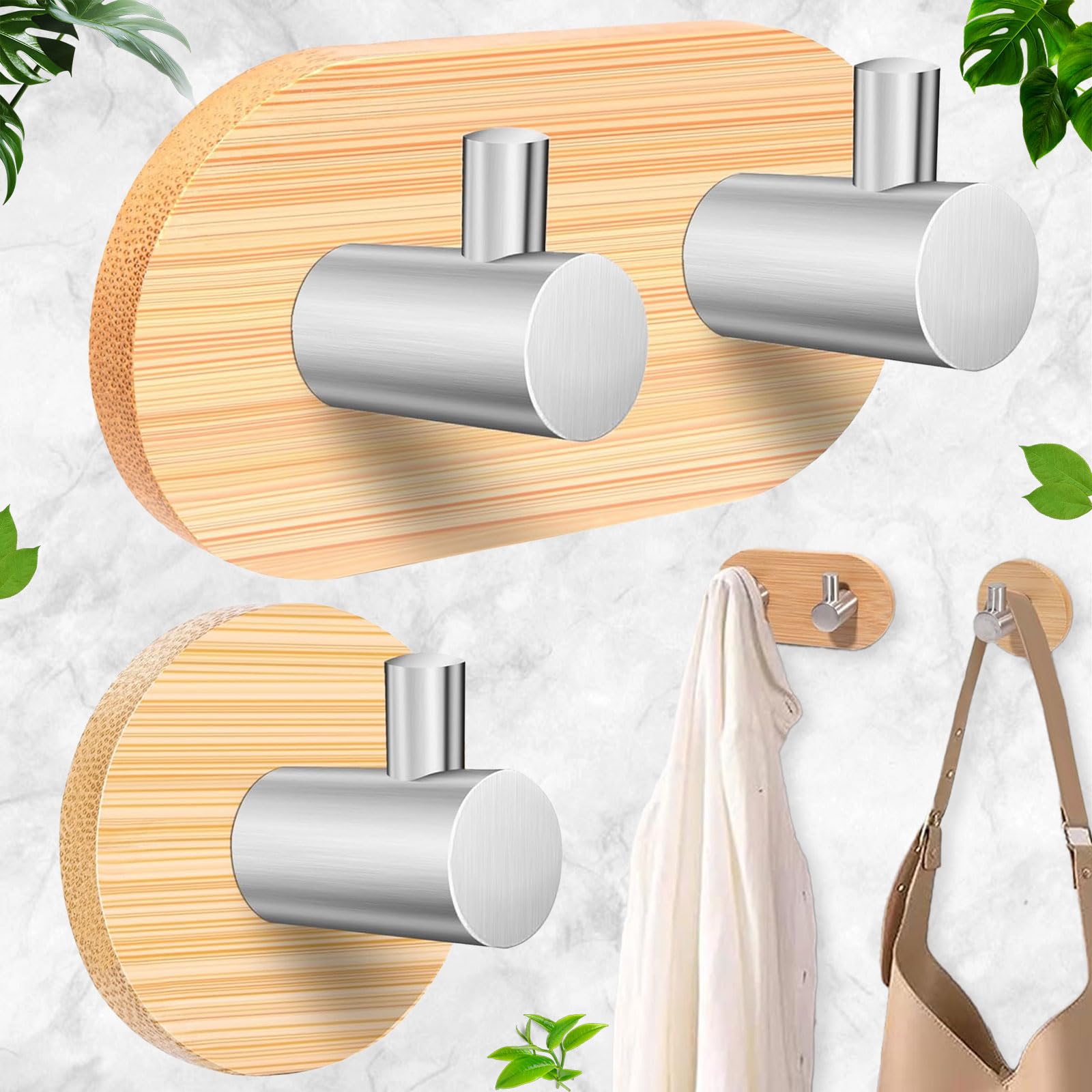 Ganci Asciugamani In Bambù Autoadesivi - 4 Pezzi - Nero E Legno Naturale - Per Accappatoi, Cinture, Cuffie Da Bagno