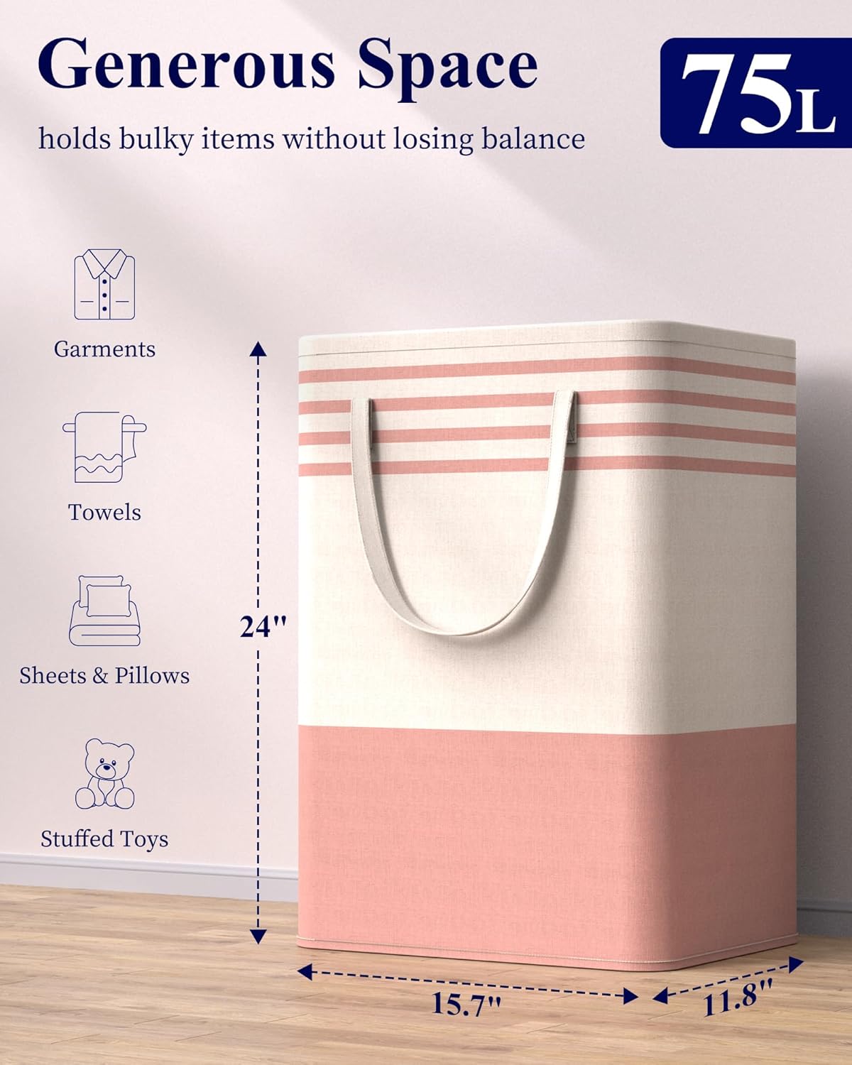 Kitsure Laundry Hamper - 2-Pack Collapsible Laundry Baskets with Well-Stitched Handles, Free-Standing Clothes Hamper with Rigid Top Edge for Household, Dorm Use, 2 x 75L, Pink - Image 2