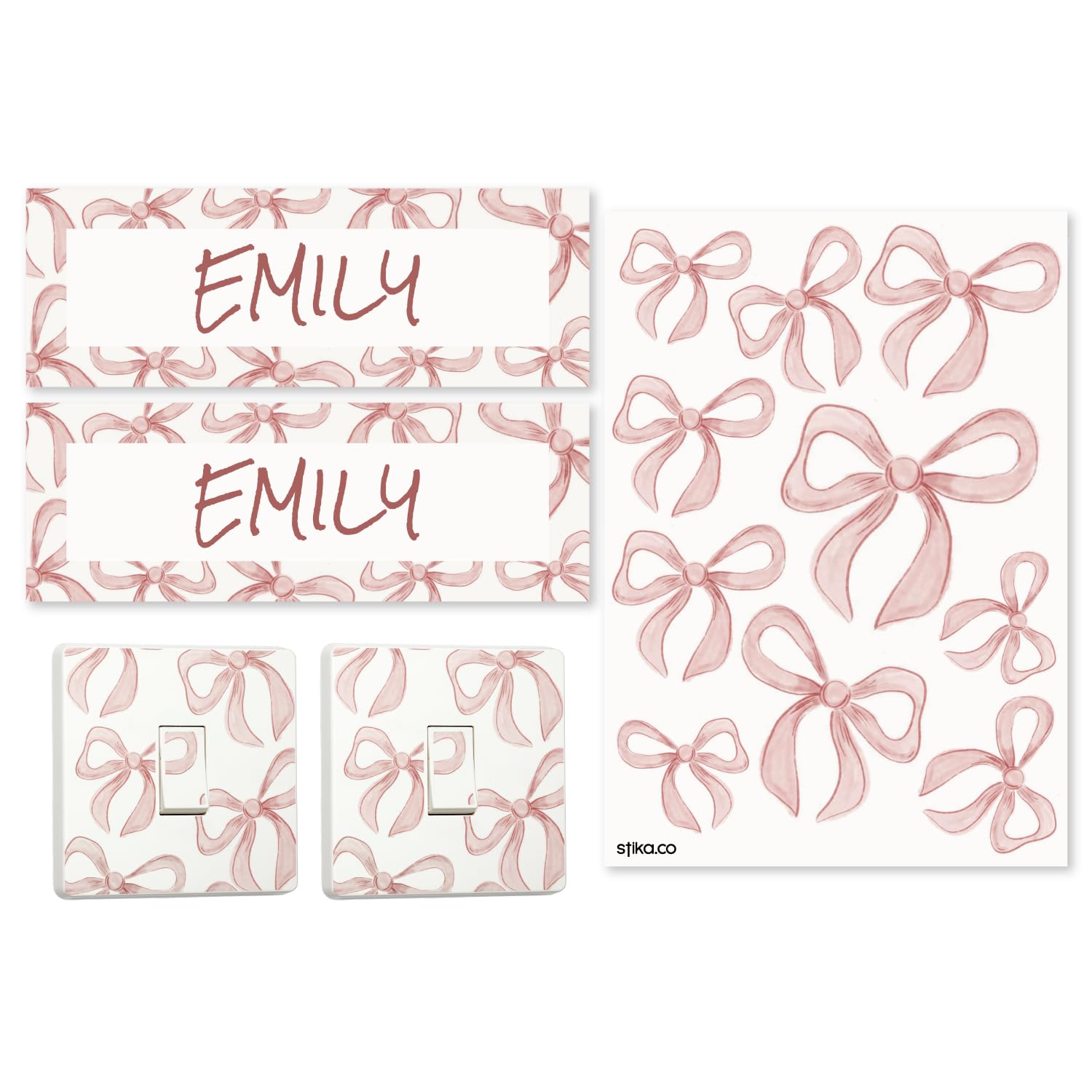 stika.co Pink Bow Girls Room Decor Set - Light Switch Sticker, Wall Decals, Door Name & Alphabet Designs - Decorations for Bedrooms, Nurseries, Playrooms (Most Popular Set, Laminated Vinyl)