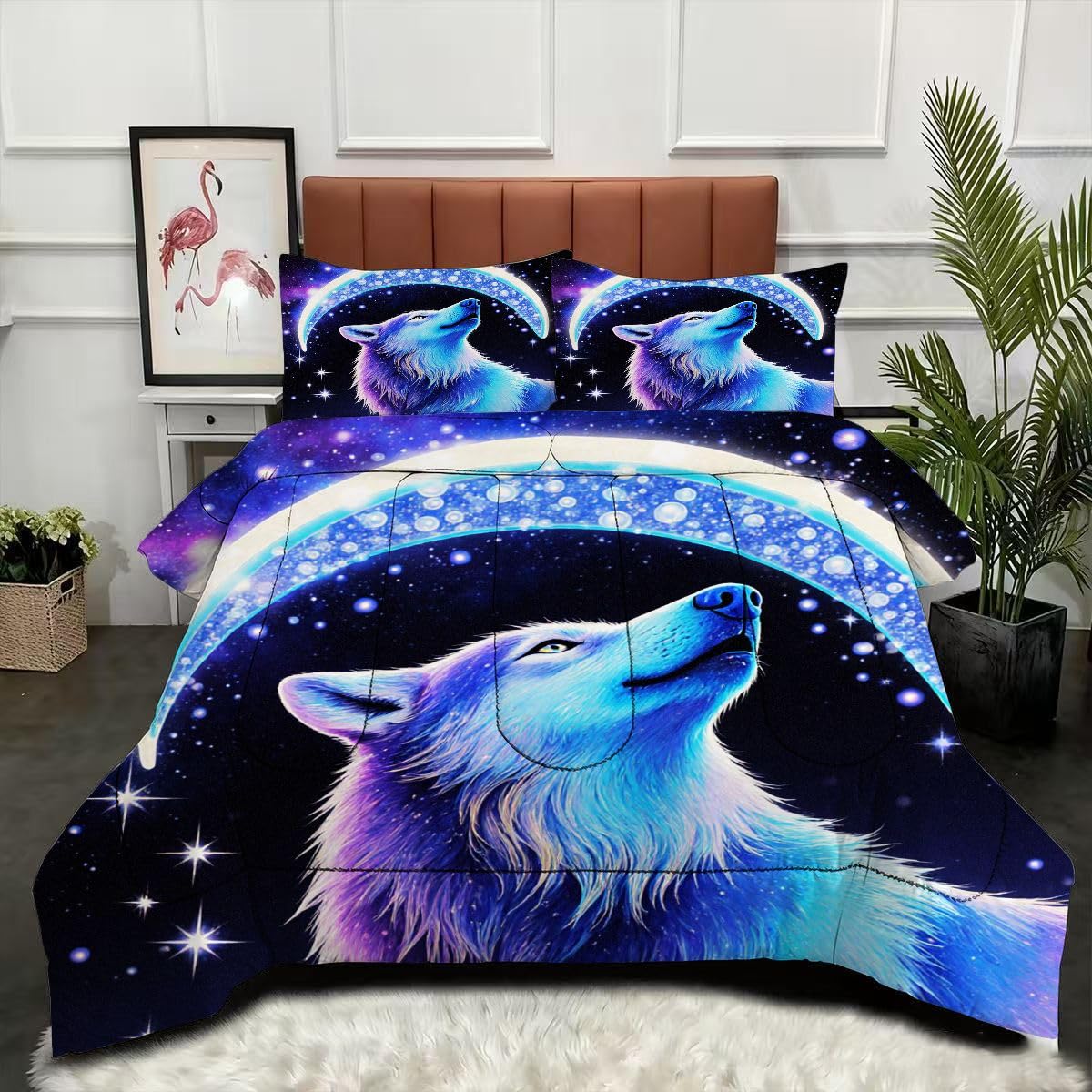 Couette 220 x 240 cm Loup Lune avec 2 taies d'oreiller lit 2 personnes