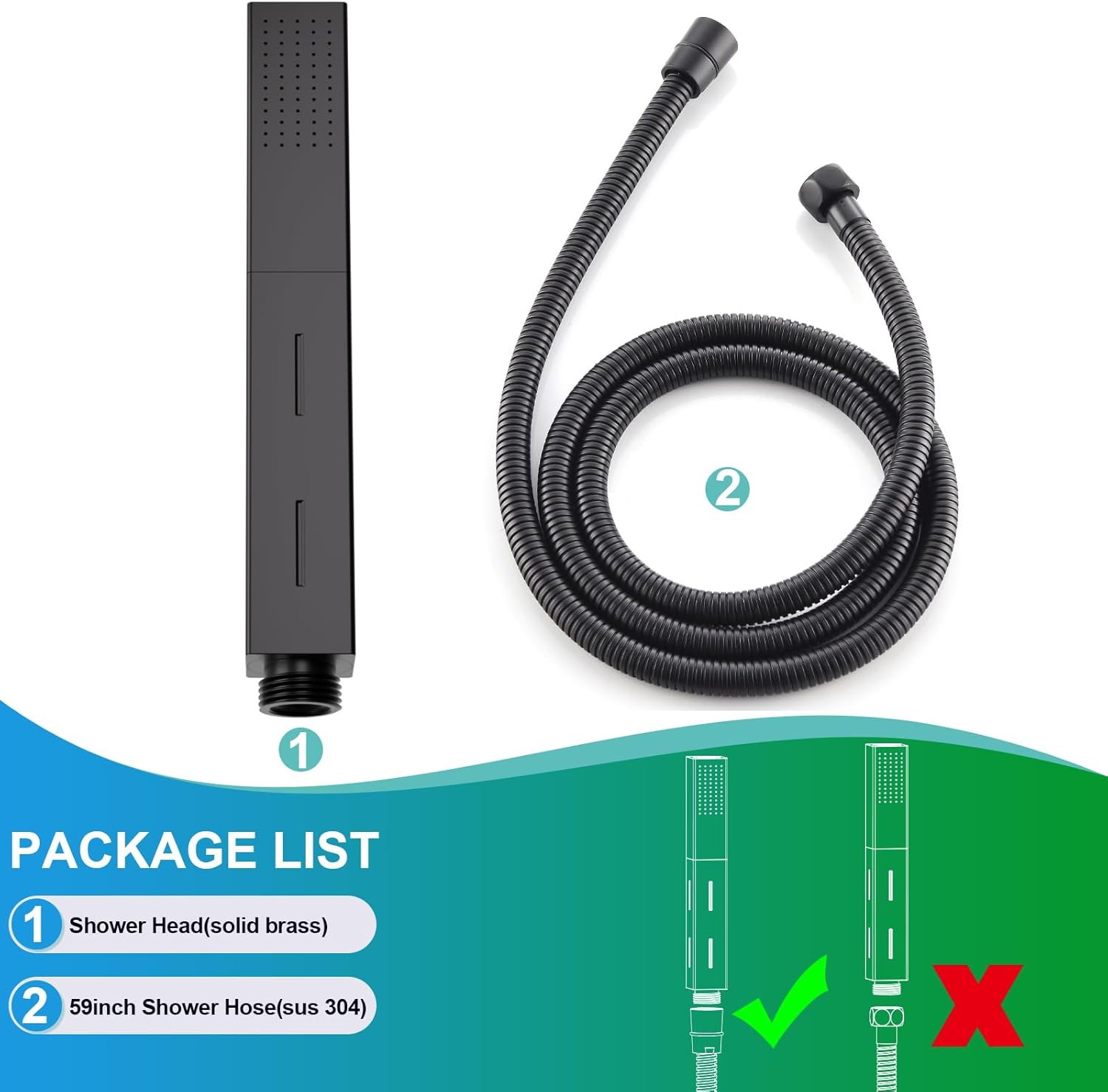 Hand Held Shower Wand with Hose Matte Black, 2 Function (Rain+Power Jet) All Metal Heavy-duty Brass Handheld Shower Head with 59" Stainless Steel Hose Set