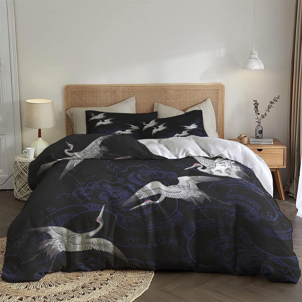 NIBAINLO 布団カバー海軍の背景に日本の鶴 肌に優しい ピーチスキン加工 掛け布団カバー 和式 洋式 あったか 布団カバーセット リバーシブル ホームステイ ホテル 家庭兼用
