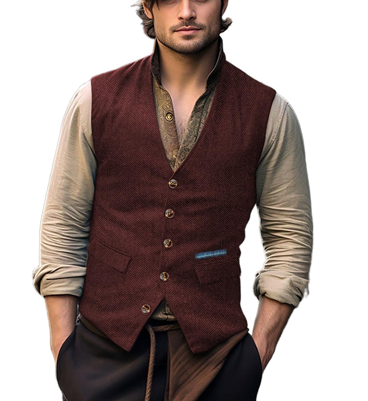 Yiaisafa Business Men's Waistcoat Herringbone Tweed Waistcoats for Mens Suit Vest Vintage Wedding Wool Retro Groomsman(Burgundy,XXXL)