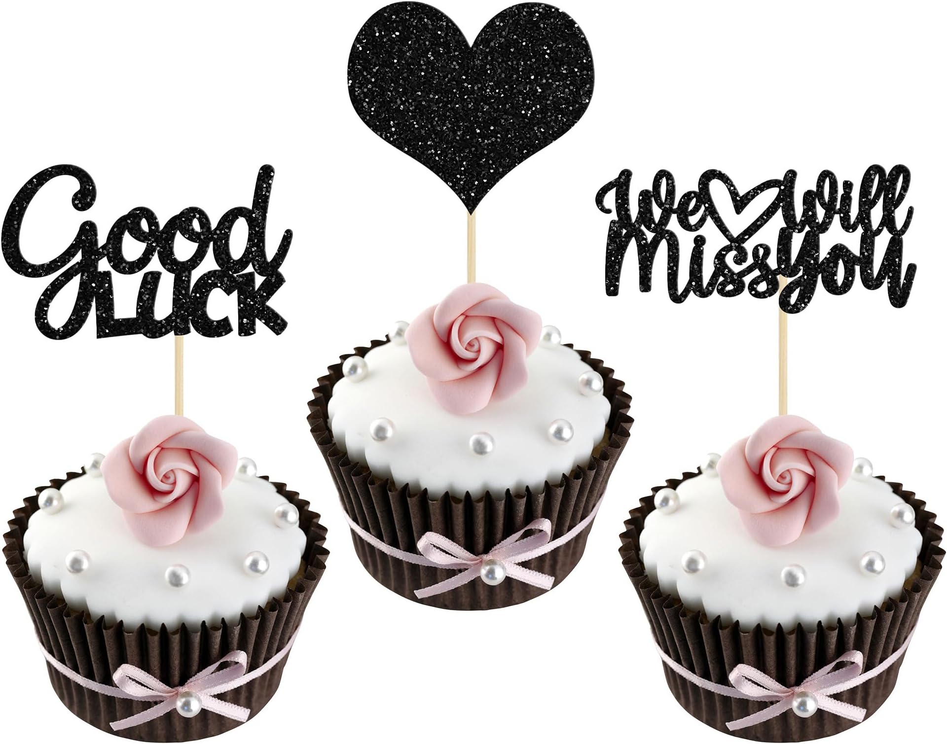 Gyufise 36Pcs Black Glitter We Will Miss You Cupcake Toppers with Love Glitter Good Luck Cupcake Picks Going Away Farewell Retirement Theme Party Cake Decorations Supplies