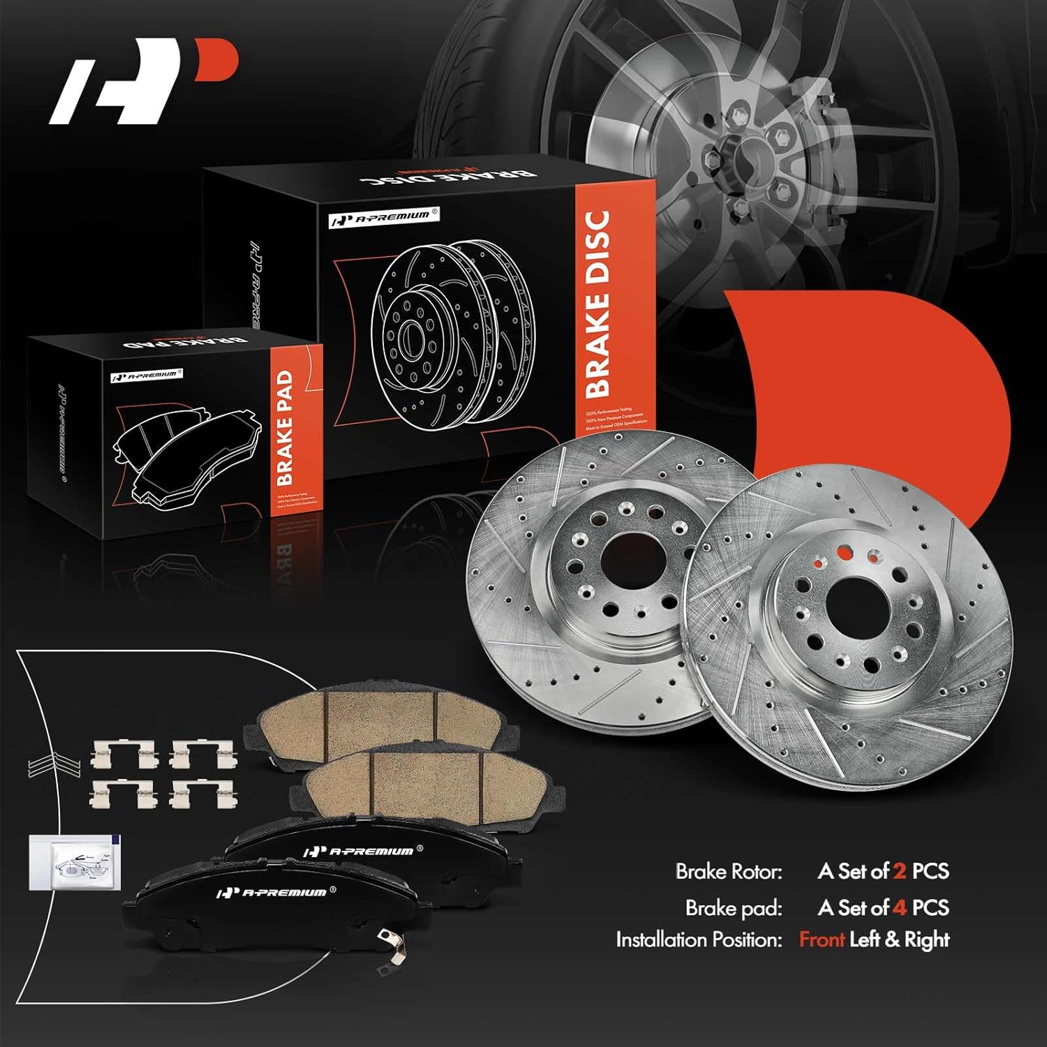 A-Premium 13.58 inch (345 mm) Front Drilled and Slotted Disc Brake Rotors + Ceramic Pads Kit Compatible with Select Buick and Cadillac Models - Enclave 2018-2020, XT5 2017-2020, XT6 2020, 6-PC Set
