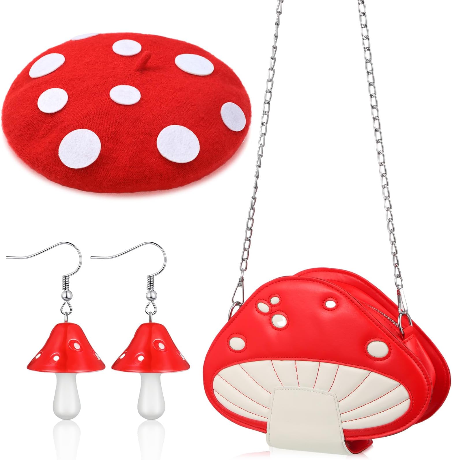 ChuarryHalloween Mushroom Costume Accessories Mushroom Outfits Crossbody Bag Beret Hat Dangling Earring for Women Cosplay