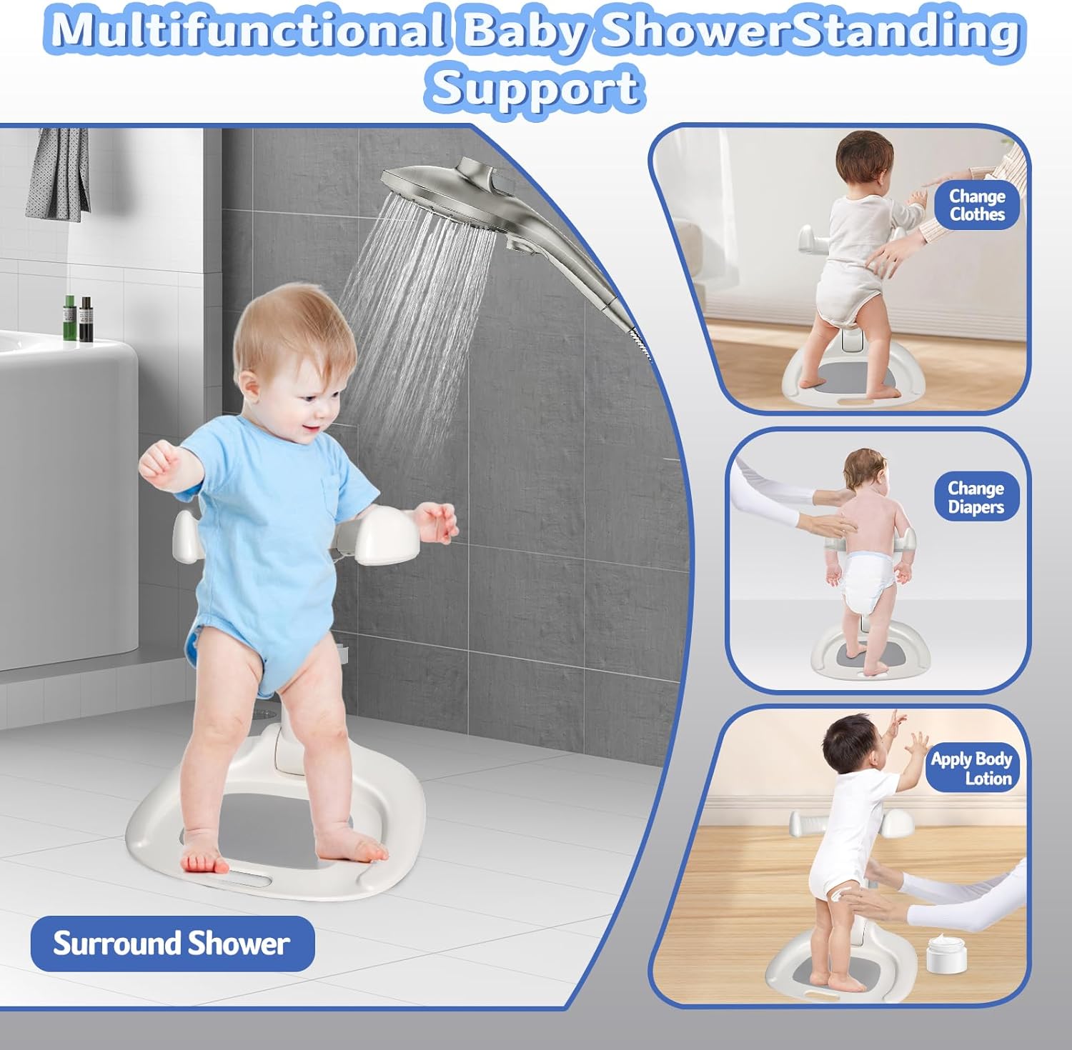 Baby Bath Shower Stand,Toddler Bath Standing Support,Baby Standing Bath,Foldable Infant Bath With Shower Stand,Adjustable Toddler Shower Bath Stand for 9-36 Months Infants,Non-Slip Base