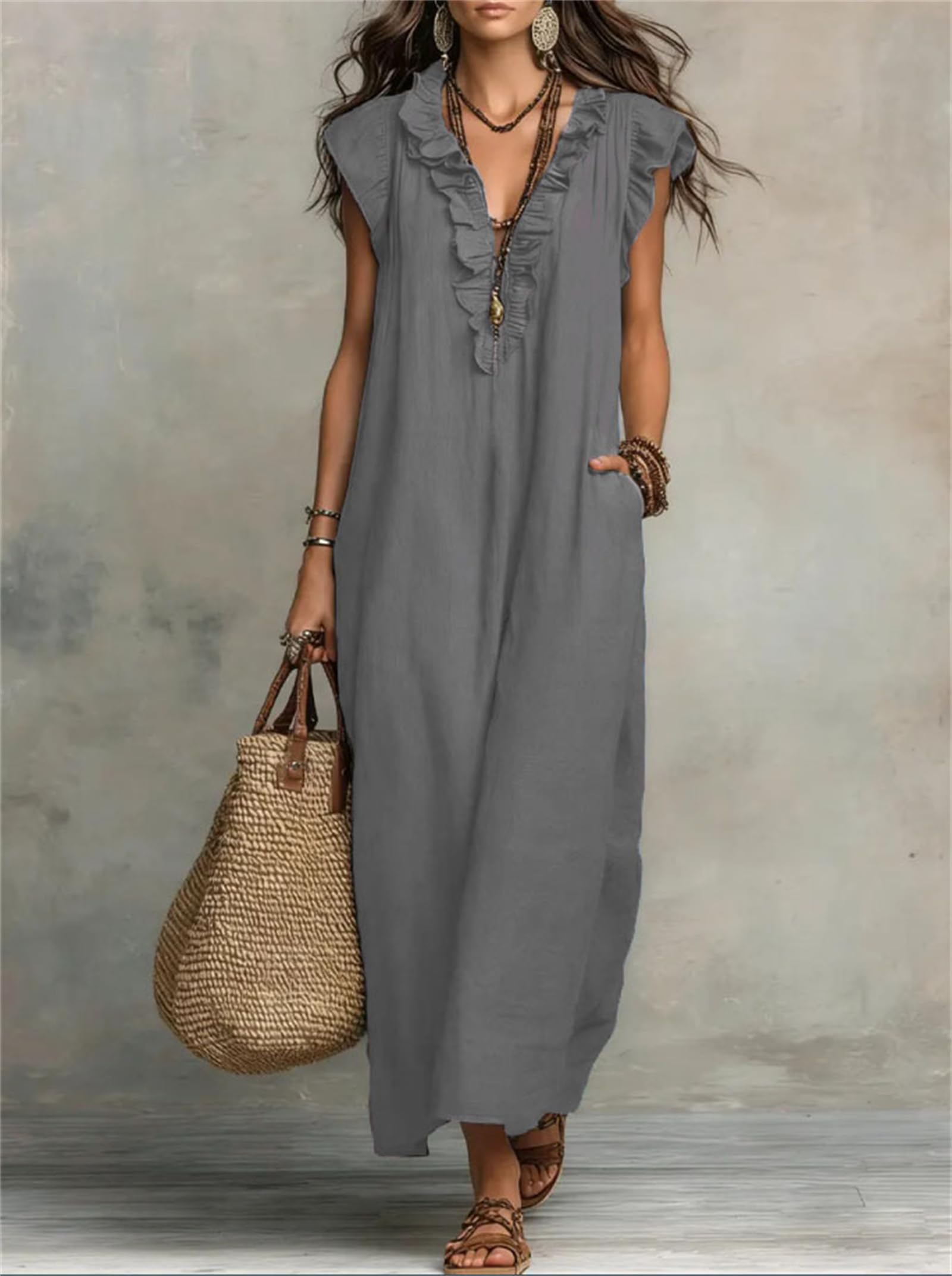 Générique Robe Longue Fluide pour Femme – Style décontracté et Artistique, Unie, en Coton et Lin, sans Manches, col en V à Volants