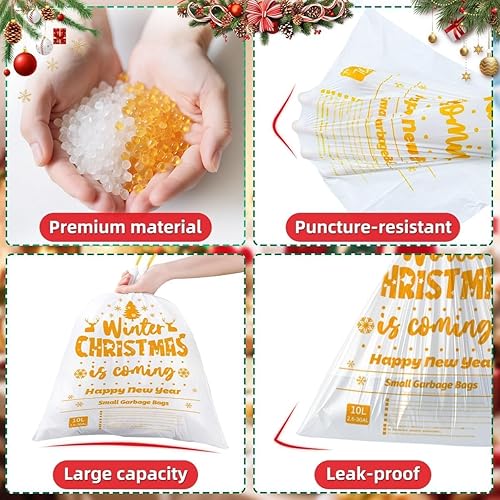 Miniatura 4 de Bolsas de basura doradas de Navidad de 3 galones 50 bolsas de basura pequeñas con cordón impresas navideñas, forros de basura impresos festivos,