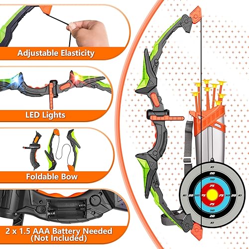 Miniatura 6 de Bigdream Juego de juguetes desmontables de arco y flecha para niños, juguetes de tiro con arco con luz LED con 10 flechas de ventosa, juguetes de