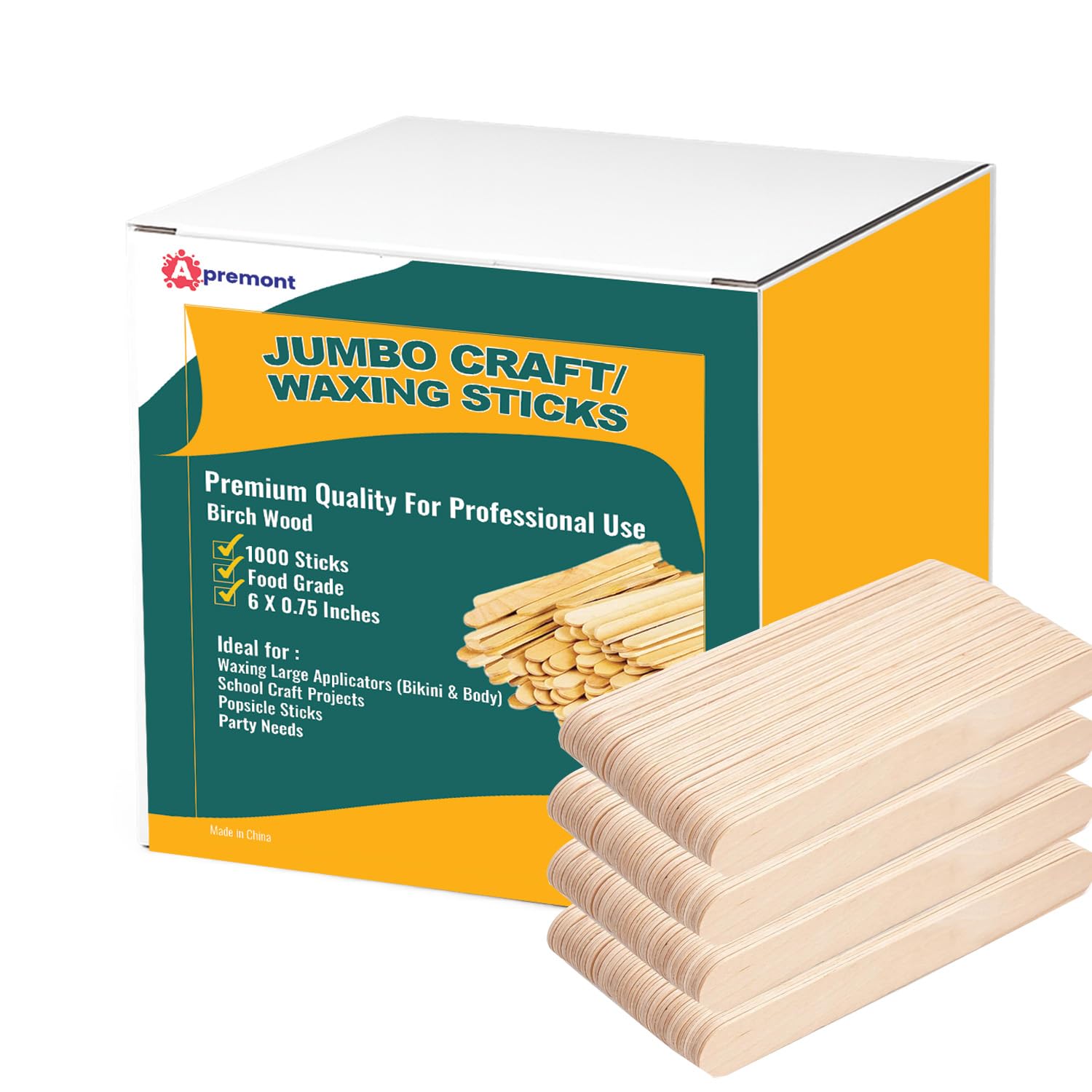 Apremont 1000 palitos grandes de madera para manualidades (15 x 1,9 cm), madera orgánica natural de alta calidad para encerar, proyectos de manualidades, depresor de lengua, paletas, palitos de helado