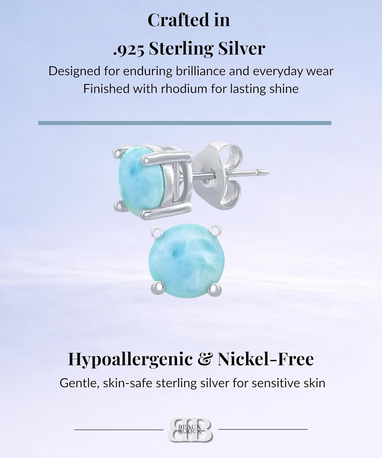 Beaux Bijoux Natural Larimar Stud Earrings for Women – Blue Round Larimar Gemstones in Sterling Silver - Unique Jewelry Gift - Image 4