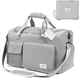36L Faltbare Reisetasche Gepäcktasche Große Weekender Übernachtungstasche Urlaubstasche Wasserdicht Sporttasche für Herren Damen (mit 1 Gepäckanhänger) - Grau
