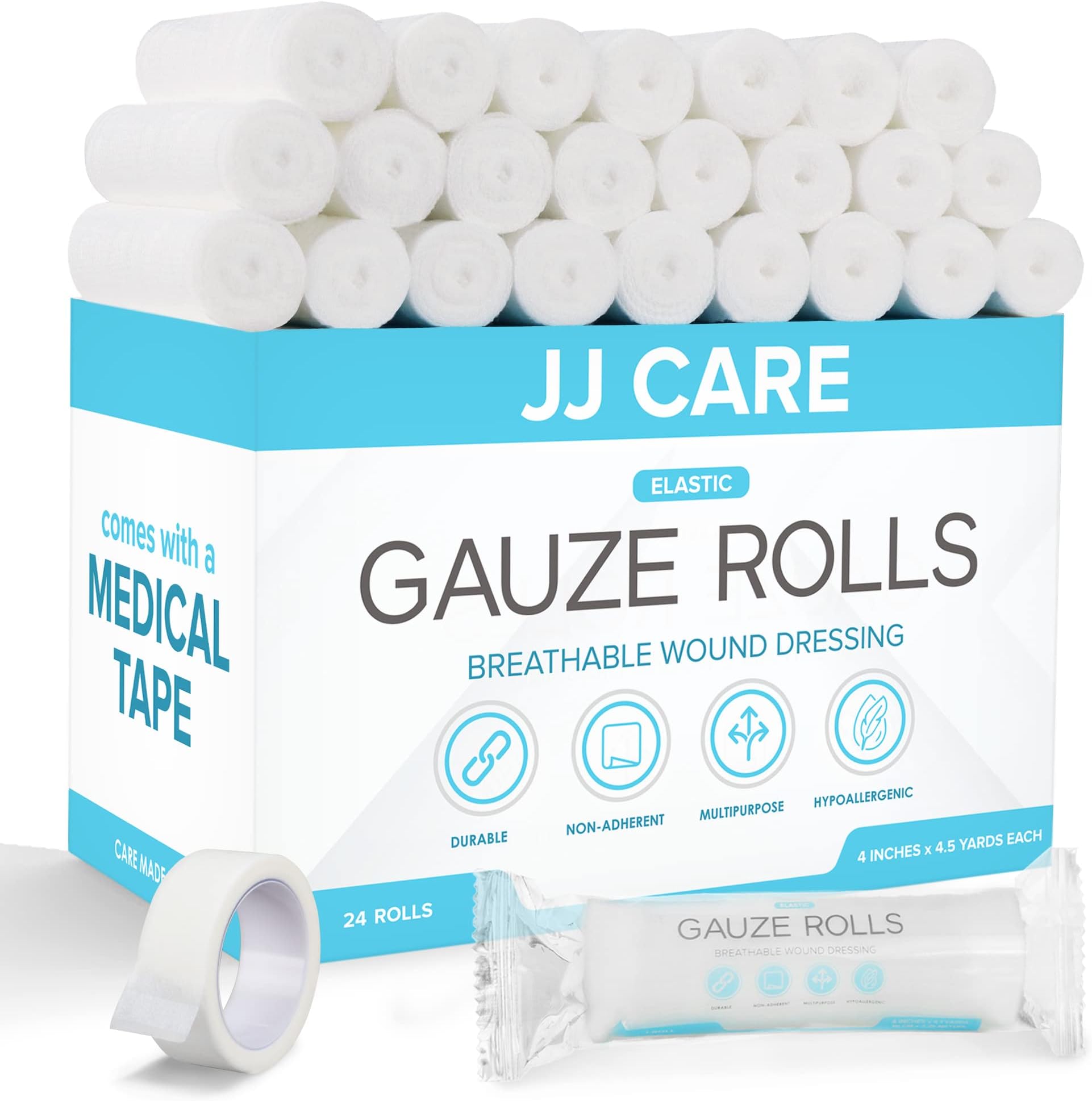 JJ CARE Gauze Rolls Pack of 24, Individually Wrapped Gauze Bandage Roll, with Bonus Medical Tape, 4 inches x 4.1 Yards Rolled Gauzes