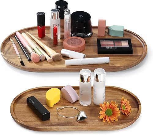 Bandeja ovalada de madera, 2 bandejas largas de madera para servir alimentos, bandeja para tanque de inodoro de acacia, bandeja de cosméticos para