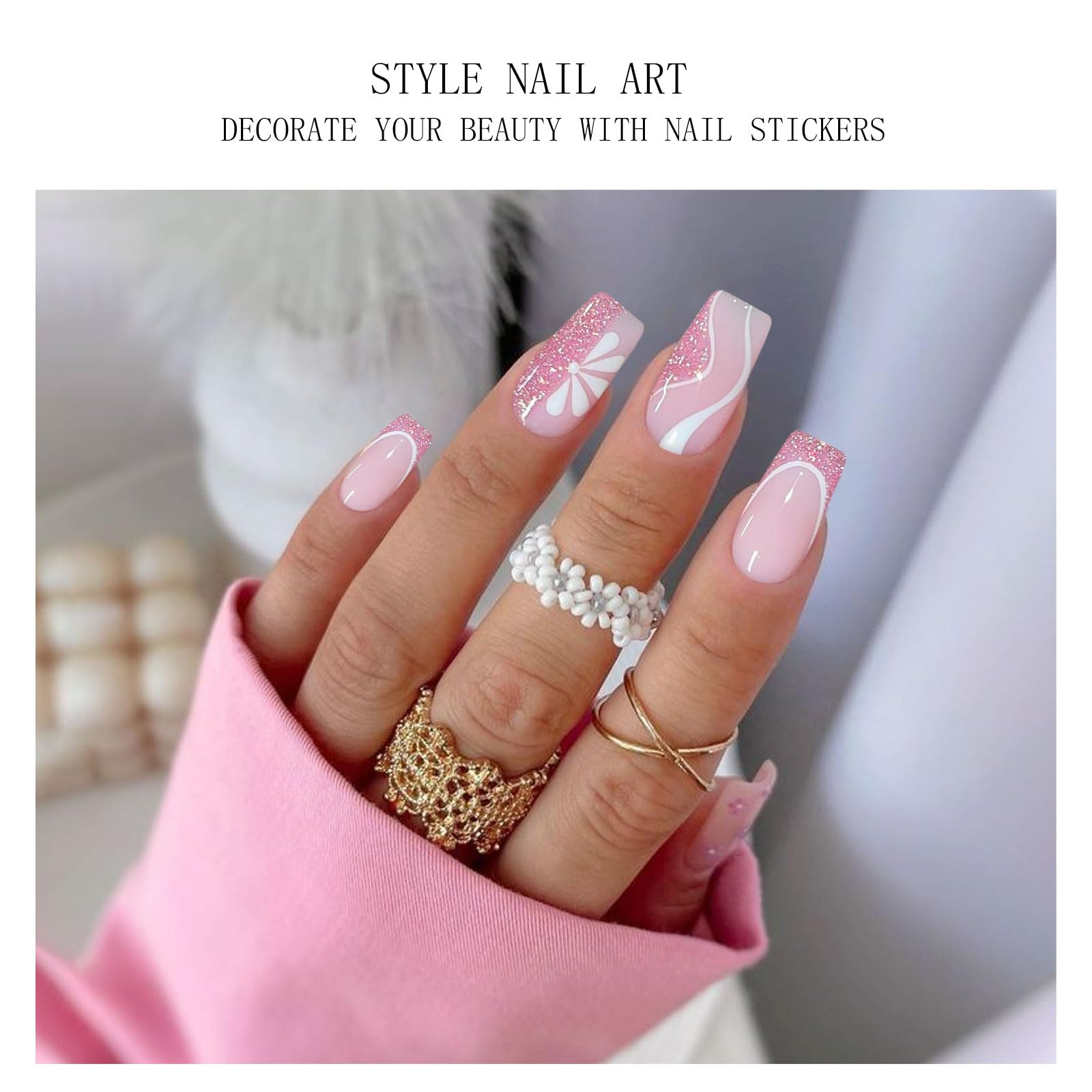 JMEOWIO Gel Nail Stickers Pink Glitter White Flower French Tip Semi Cured Gel Nail Strips Wraps UV/LED Nails Art Design Decoration Accessories - Image 3