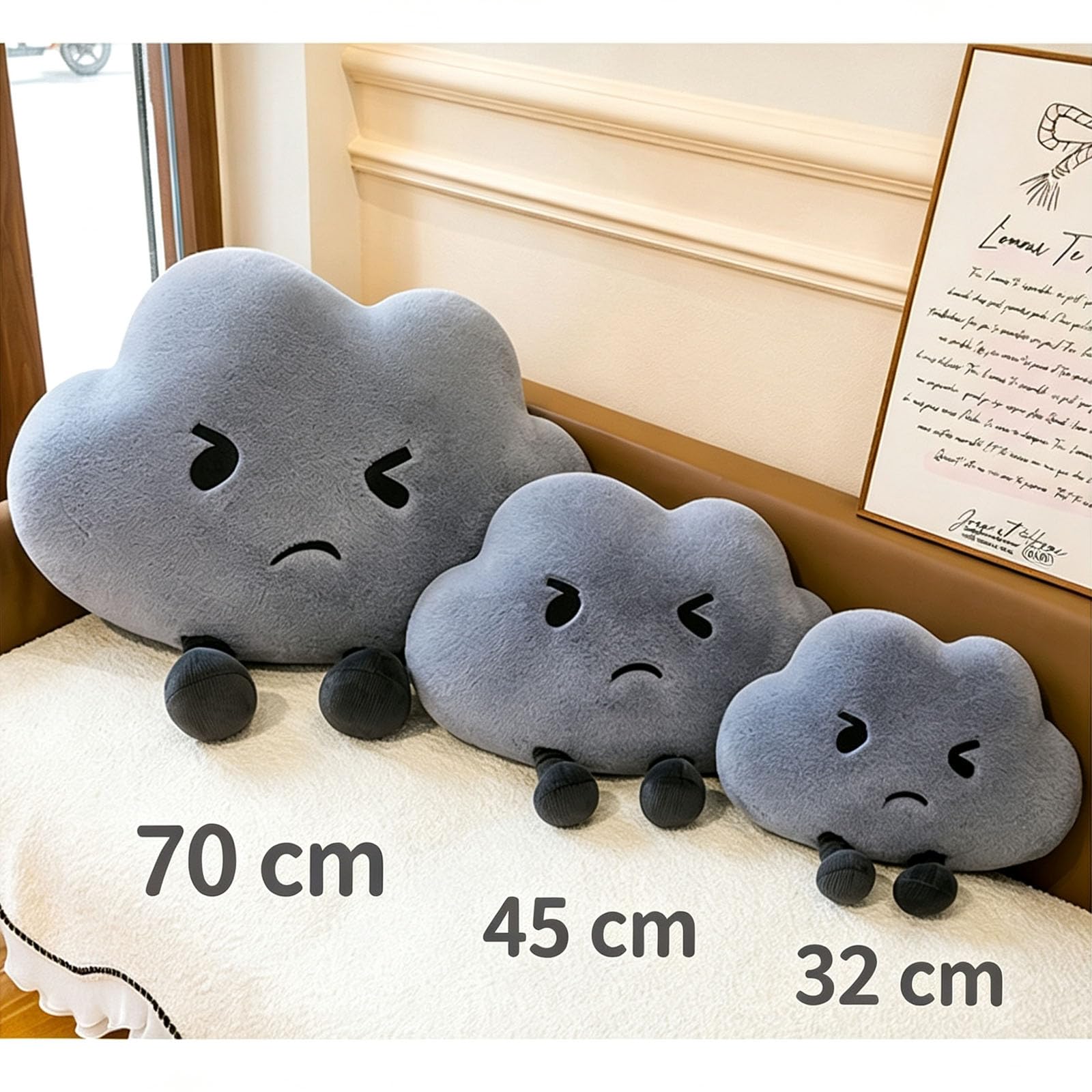 champracer Wolkenkissen Plüsch, weiches Sofakissen in Wolkenform mit lustigem Gesichtsausdruck, Flauschiger Rücken- und Kuschelbegleiter für Kinder und Erwachsene (Grau,70cm)