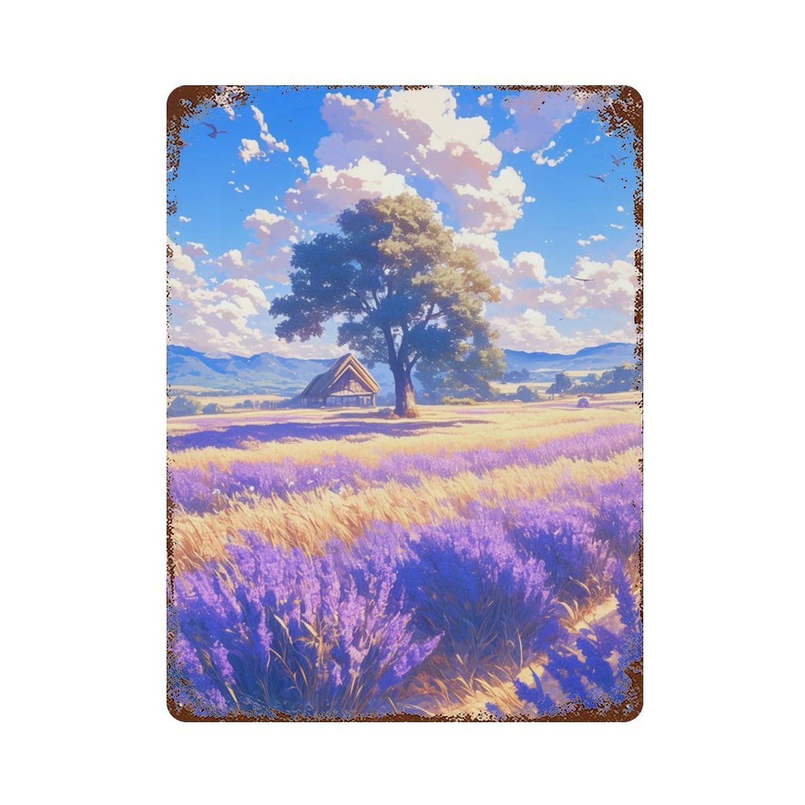 Lavender Field with Tree Rusty Metal Tin Sign 15.7"x11.8", for Shed, Workshop And Garage Wall Decor, Novelty Wall Decor
