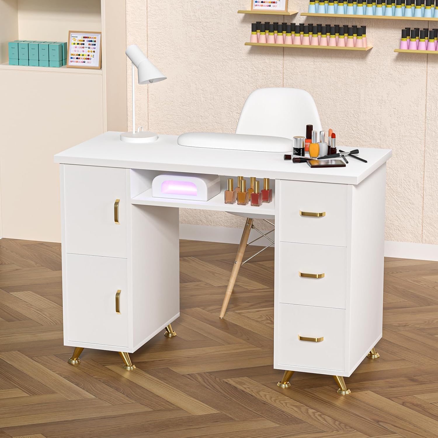 Manicure Table Acetone Resistant Nail Tech Desk White-Gold, Professional Nail Station with 3 Drawers & 2 Cabinets for Salon, Beauty & Home Beauty Use